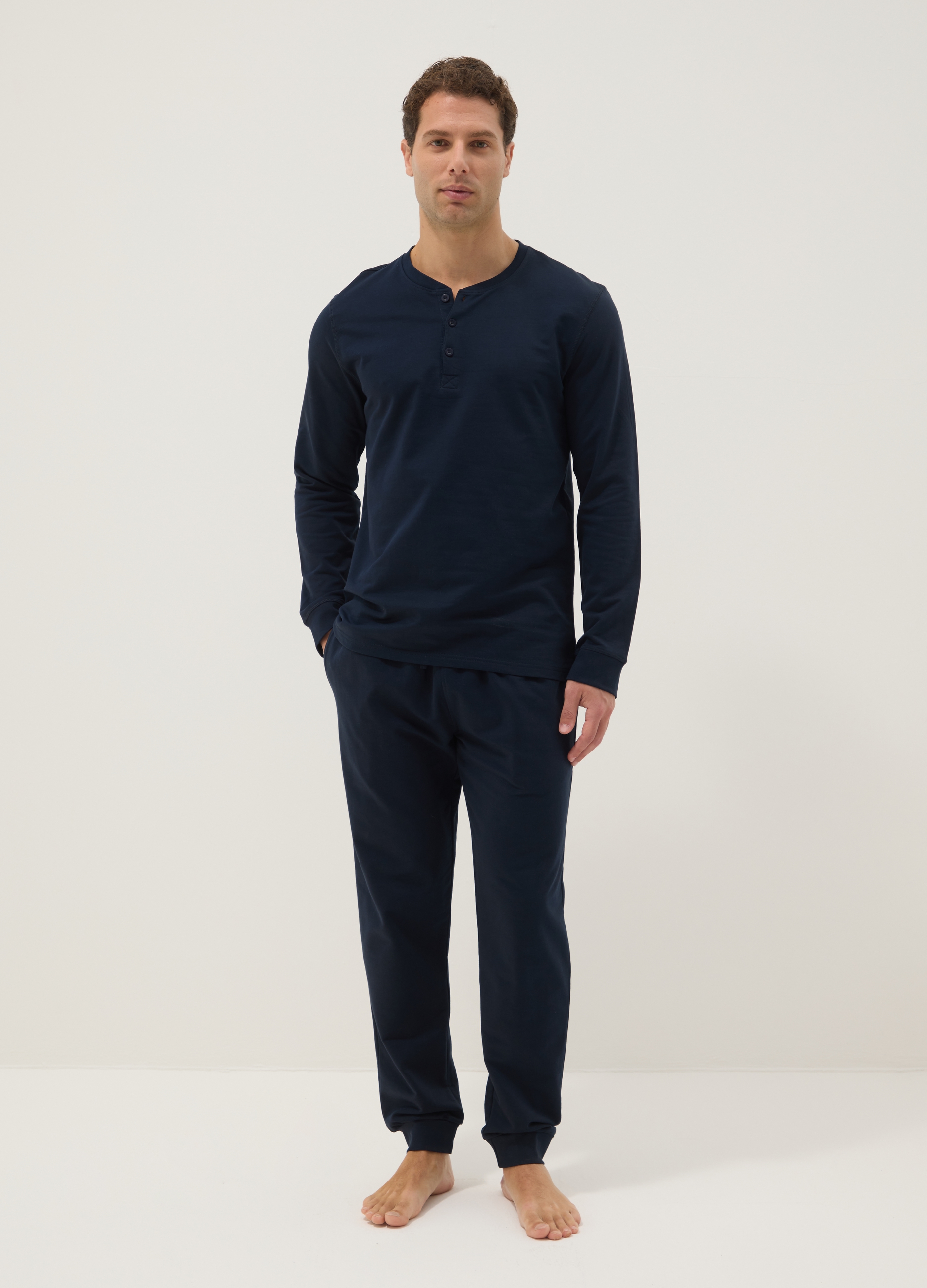 Ovs Hombre Azul Oscuro Pijama Largo Azul De Puro Algodón, Ajuste Regular Con Cuello Serafino, Talla: Xxl