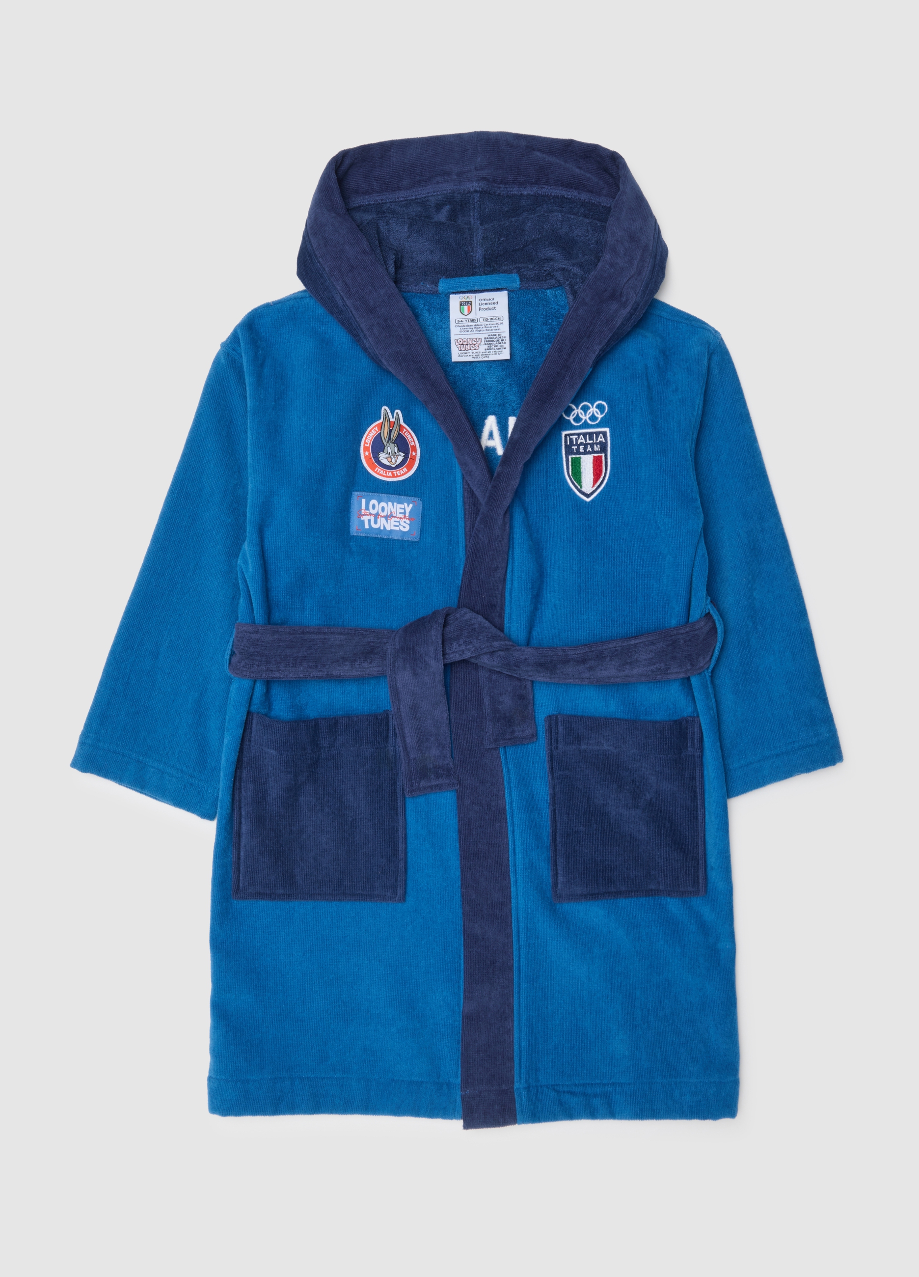 Albornoz Azul Infantil Con Capucha En Puro Algodón Con Estampado, Niño, Azul oscuro, Talla: 5-6