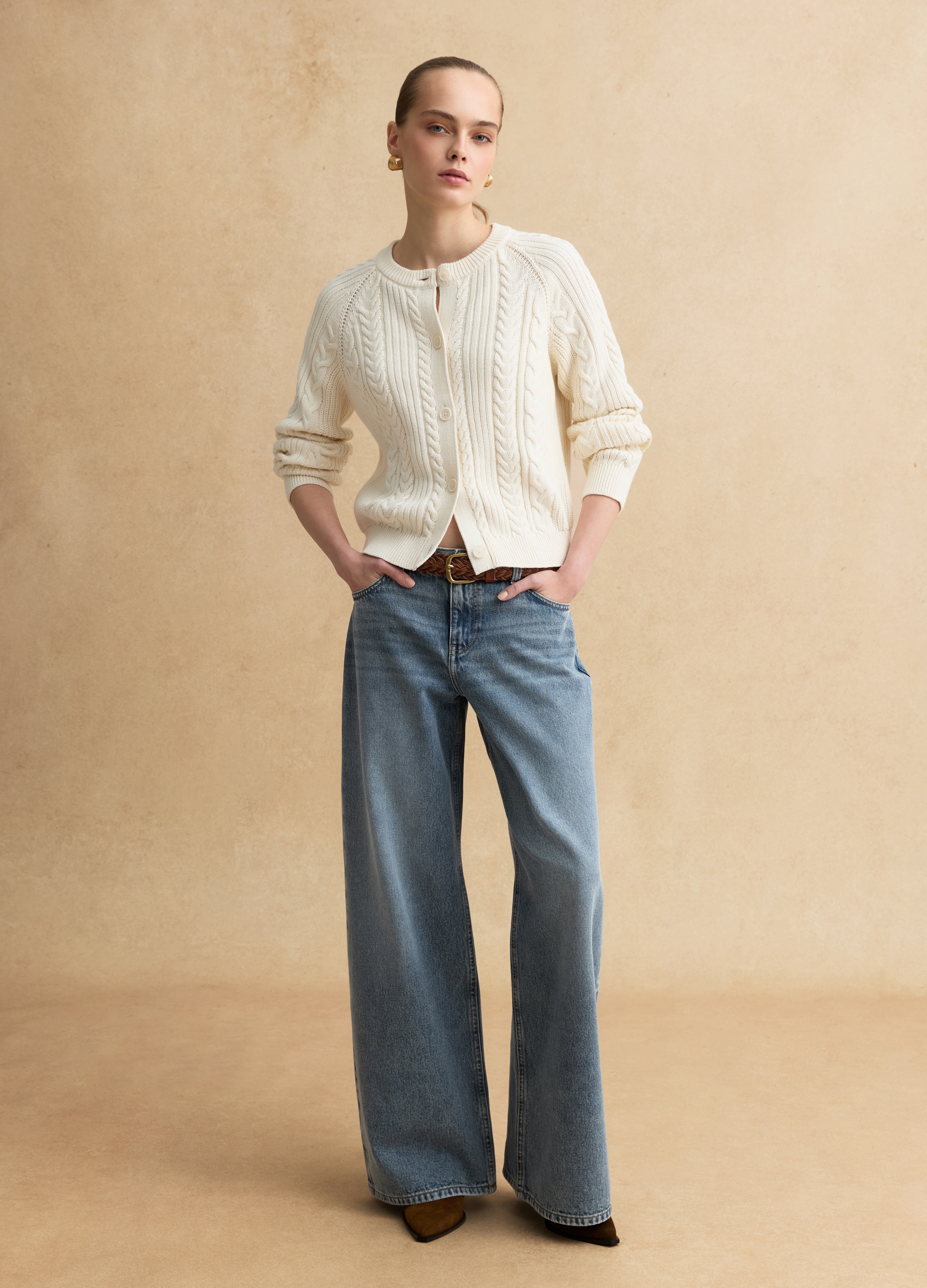 LES COPAINS, Cárdigan Blanco De Puro Algodón Regular Fit Con Diseño Entrelazado, Mujer, Blanco crema, Talla: 36