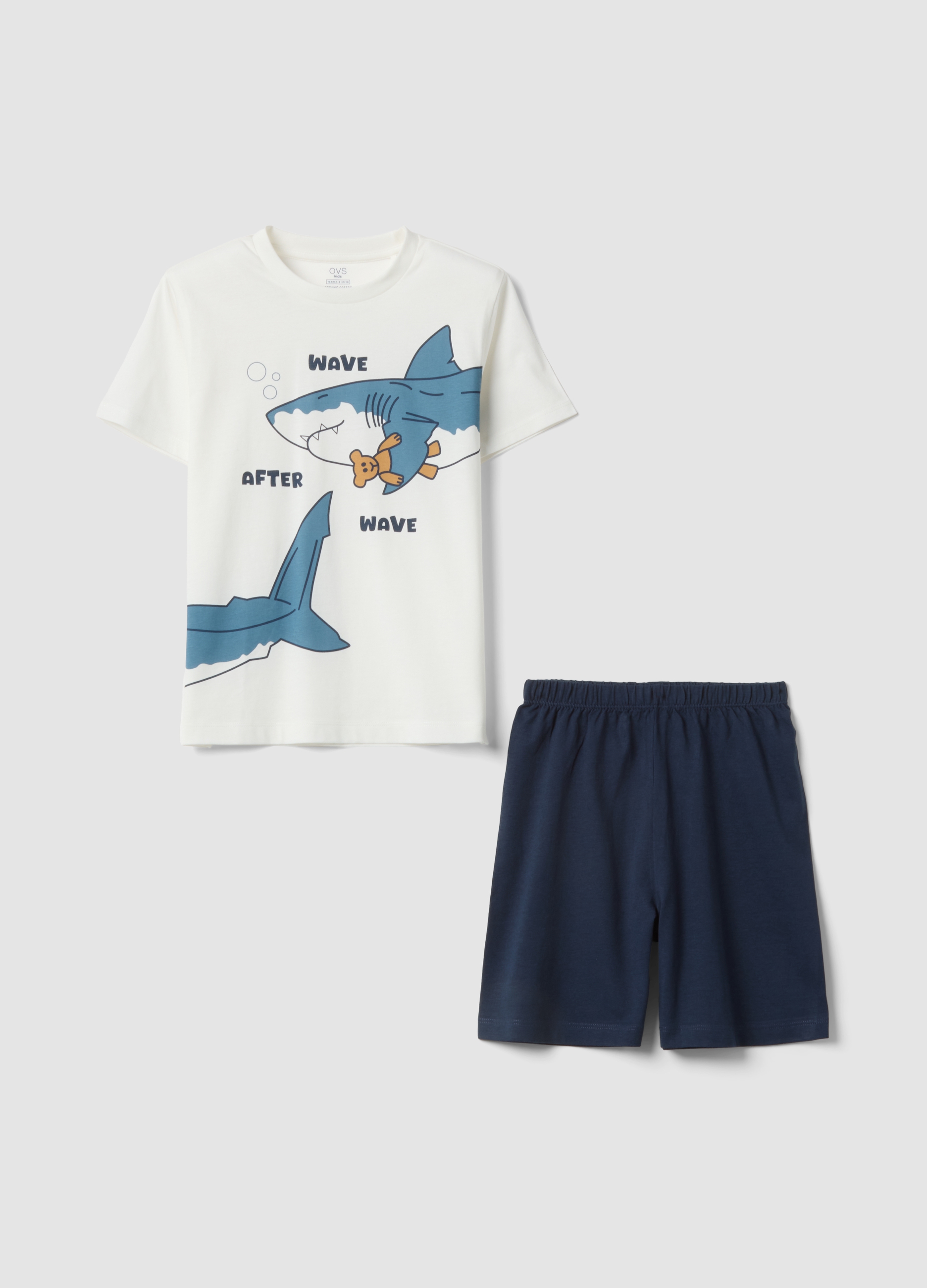 OVS KIDS, Pigiama Corto In Puro Cotone Multicolor Da Bambino Con Squali, Niño, Blanco/azul, Talla: 7-8
