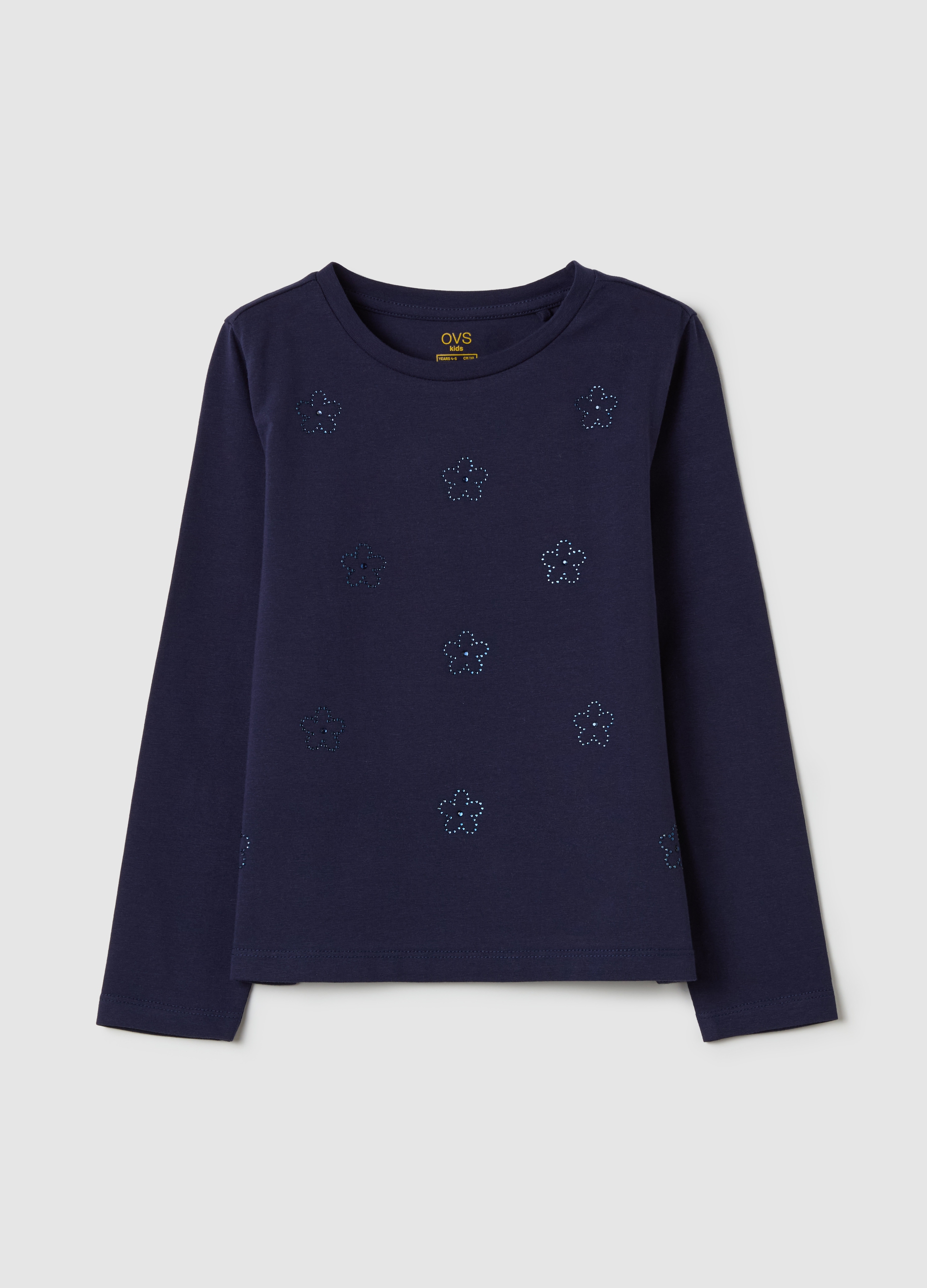 OVS, T-shirt Maniche Lunghe Con Fiori Di Strass, Bambina, Blu, Taglia: 3-4