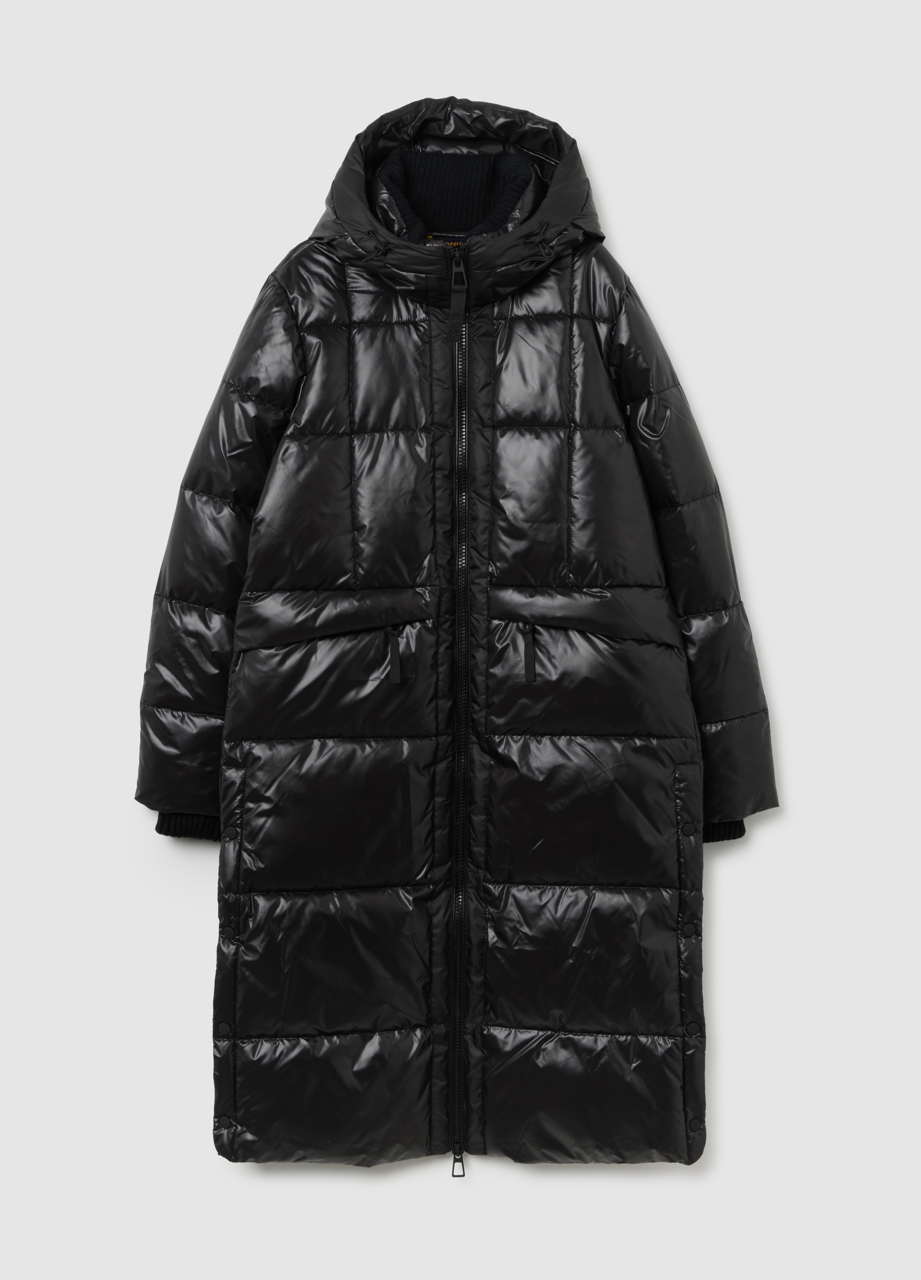 El Perfecto Puffer Abrigo Largo Negro Con Capucha, Mujer, Negro/Gris, Talla: M