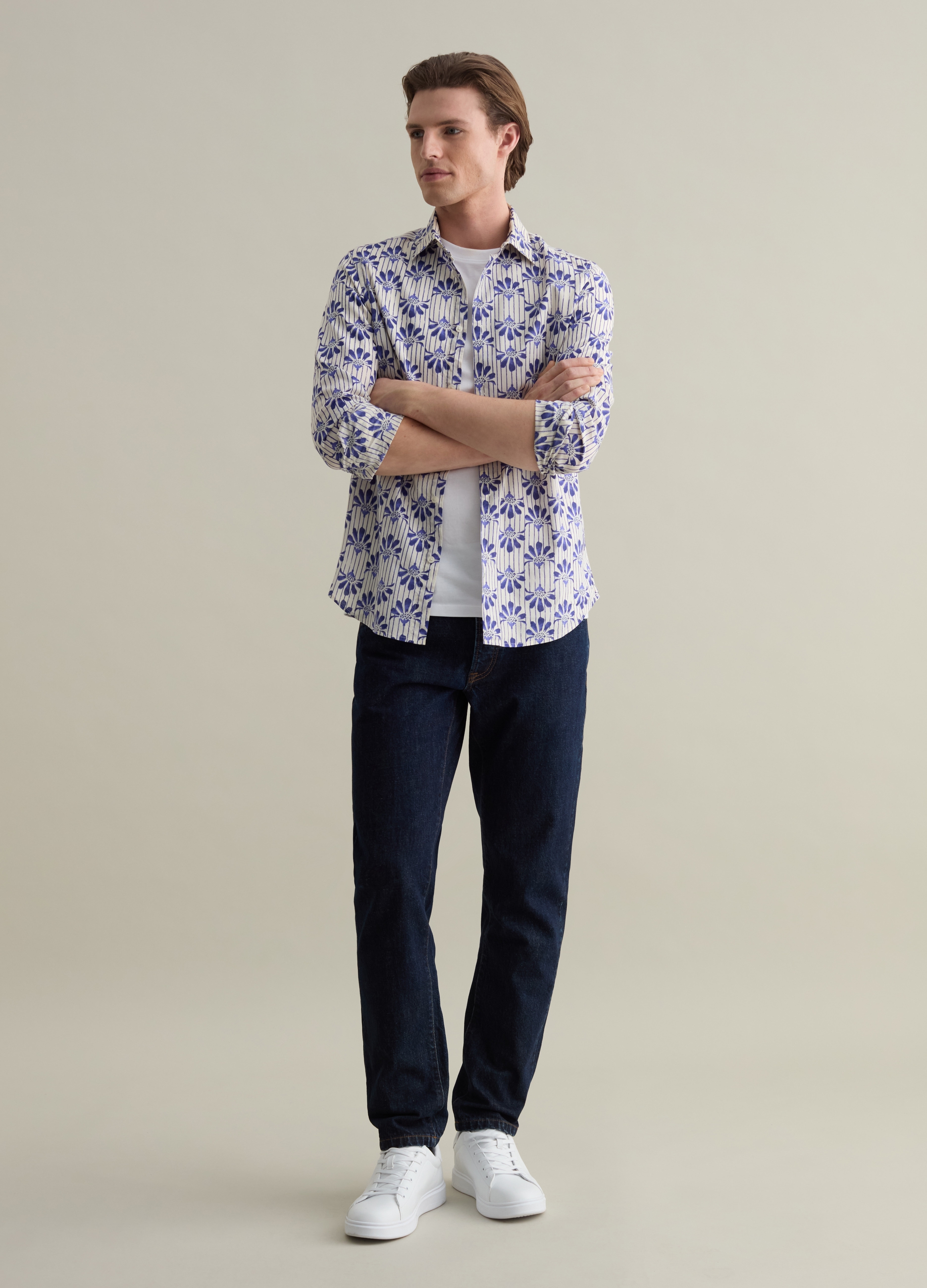 OVS, Camisa De Algodón Con Estampado Integral, Hombre, Blanco/azul, Talla: XXL