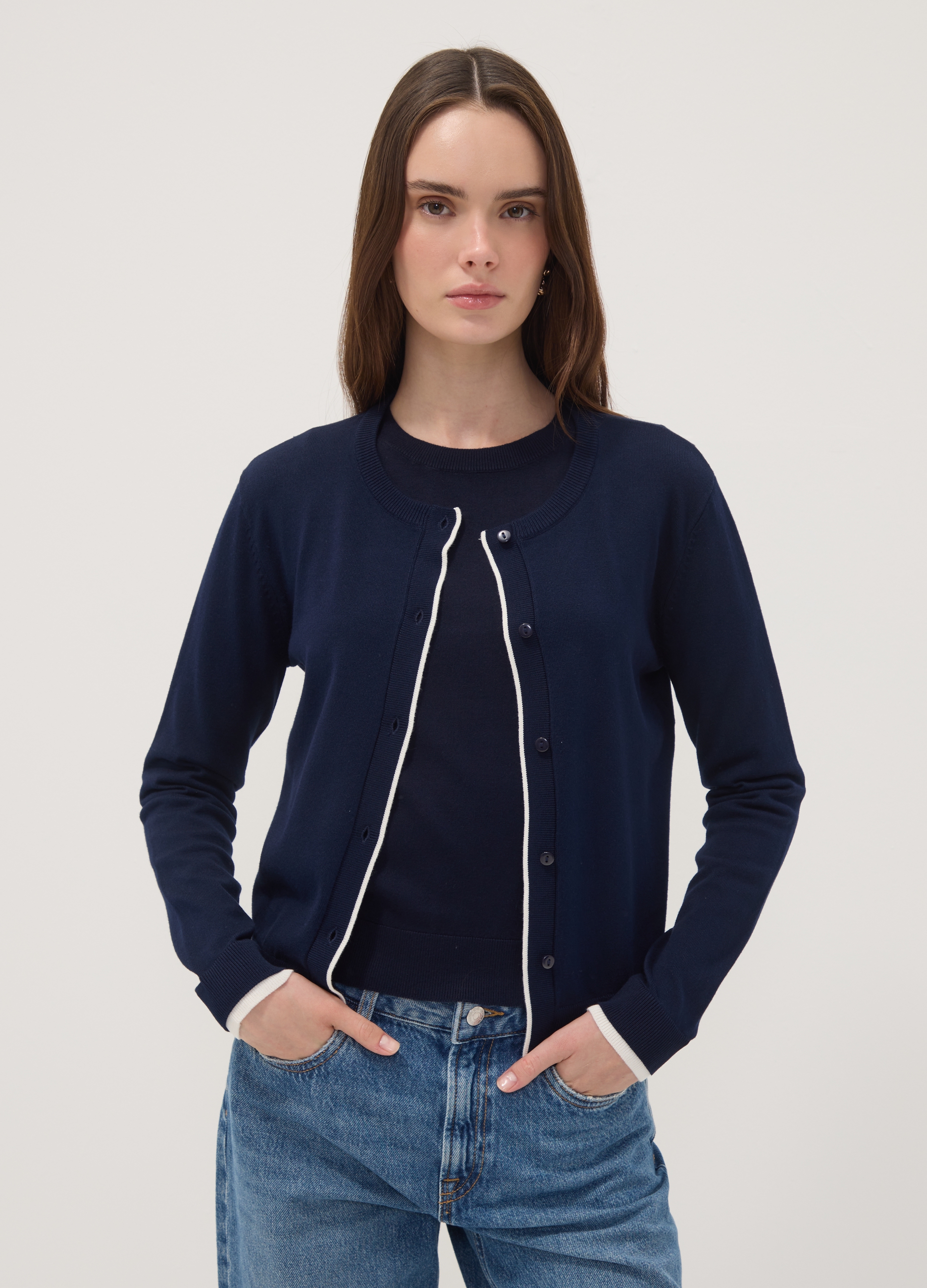 OVS, Cardigan Blu In Misto Viscosa A Maglia Rasata, Donna, Blu, Taglia: L