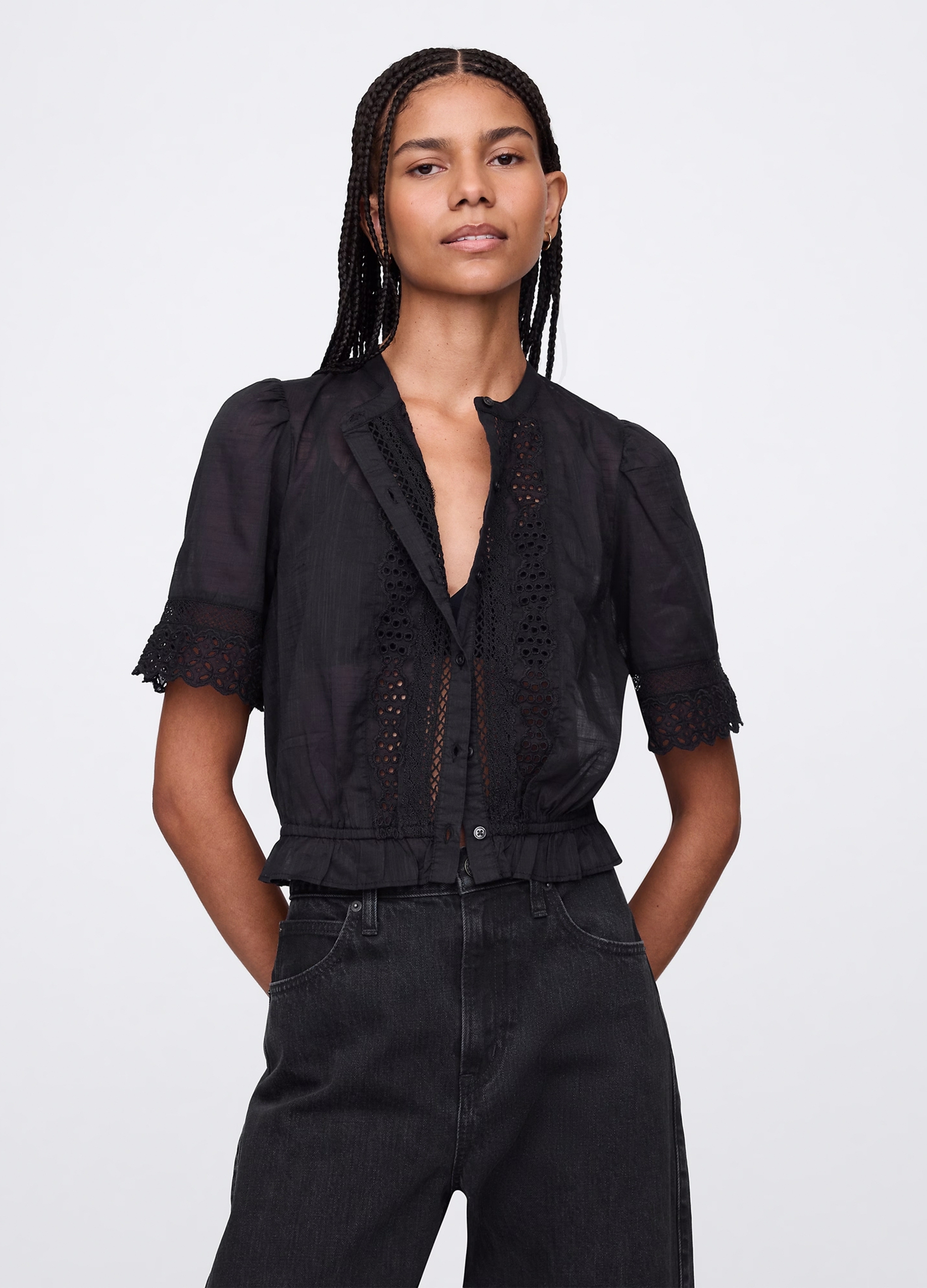 GAP, Blusa Nera Ricamata In Cotone, Donna, Nero, Taglia: XS