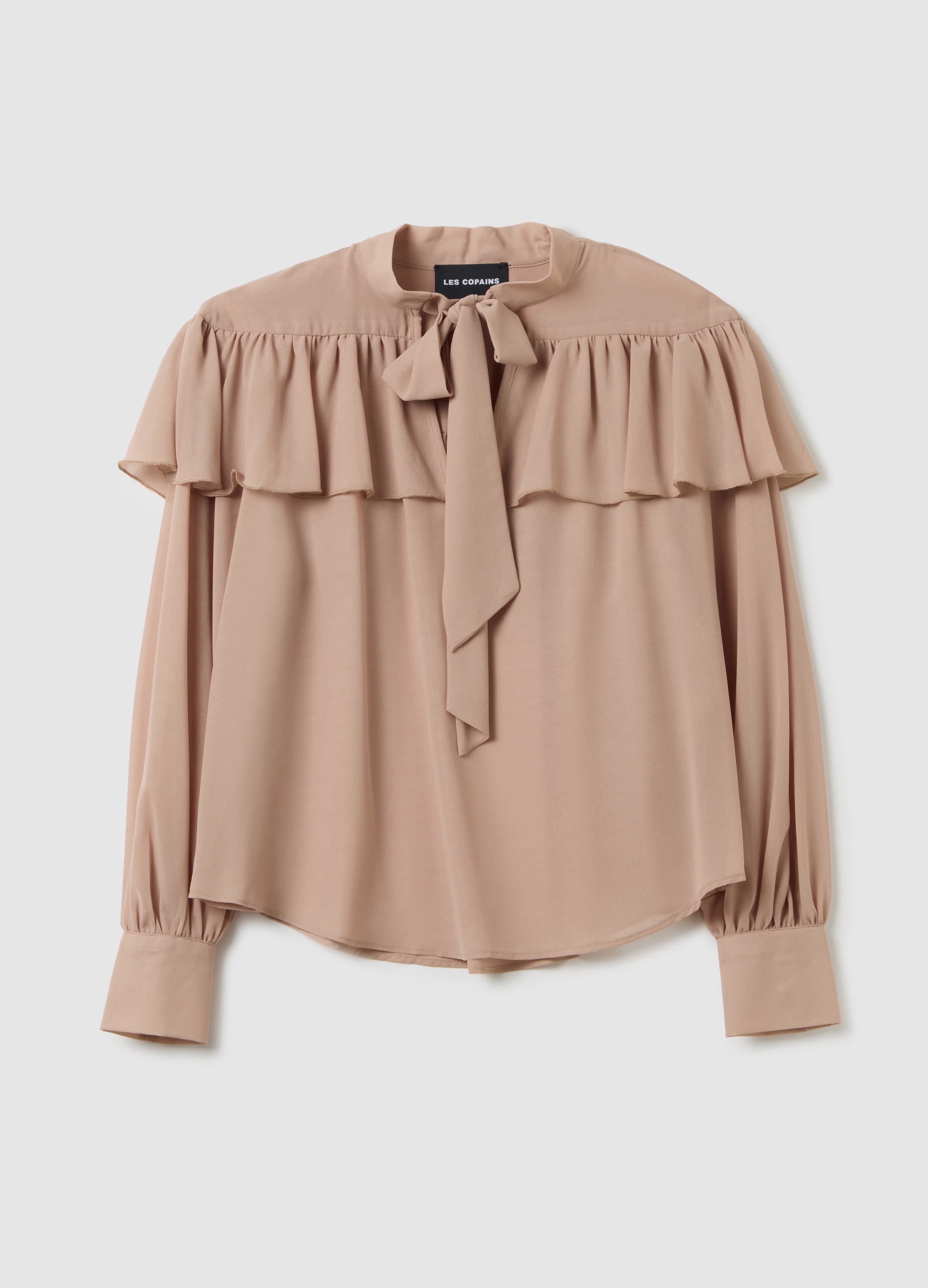 Blusa Beige De Crepé De Ajuste Regular Con Volantes, Mujer, Beige Oscuro, Talla: 38