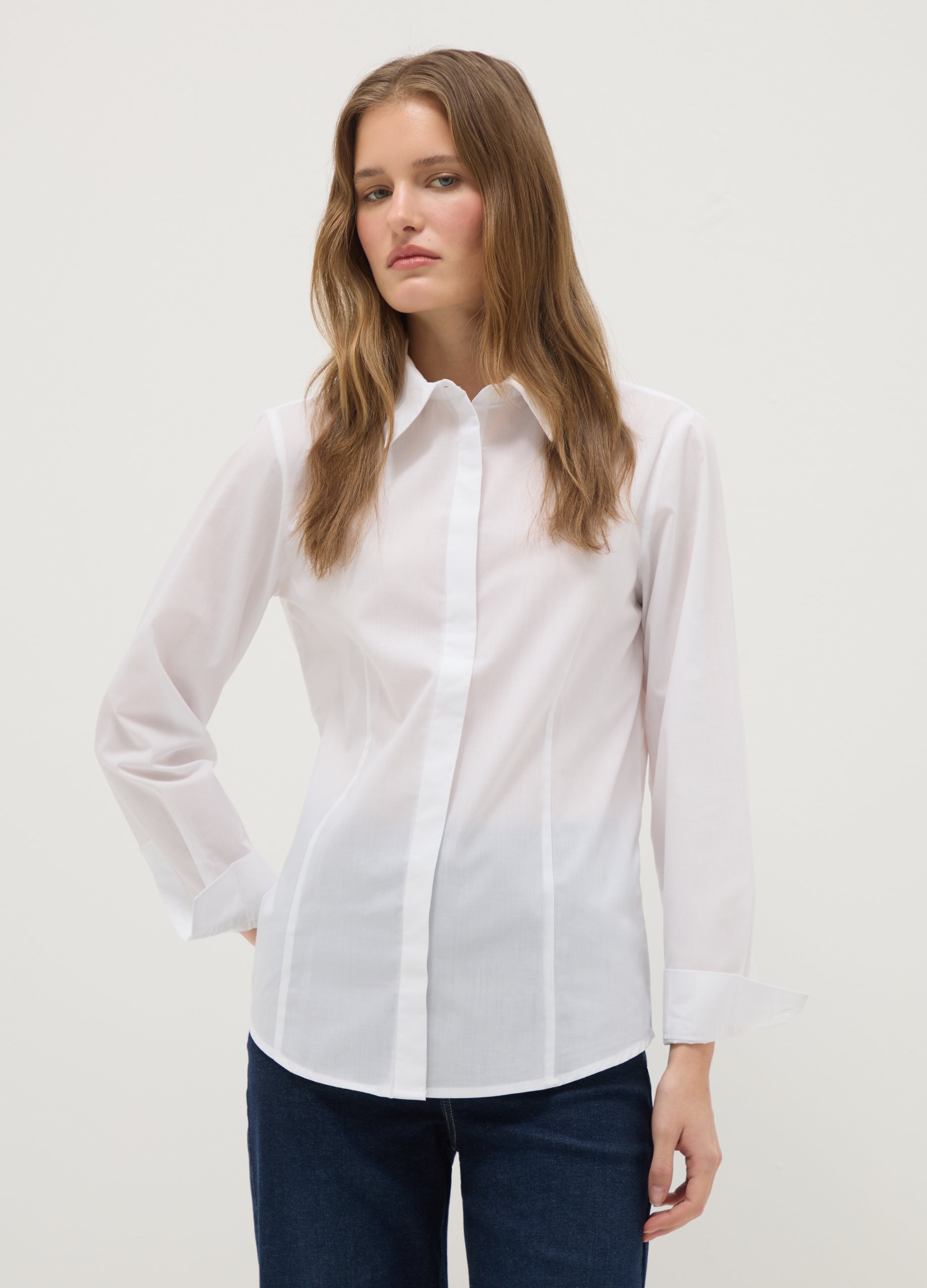 OVS, Camicia Bianca In Misto Cotone Slim Fit Con Collo Classico E Bottoni, Donna, Bianco, Taglia: 38