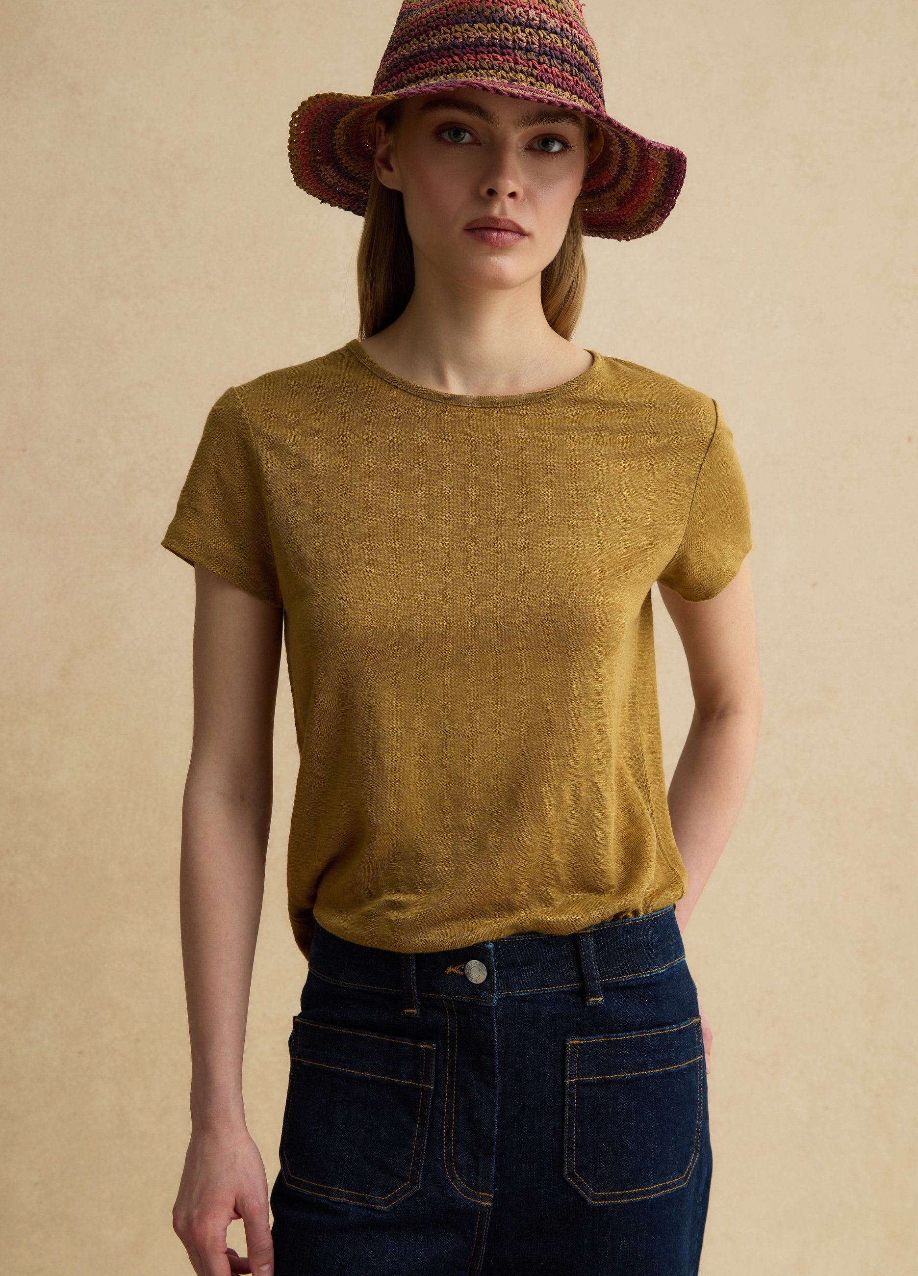 LES COPAINS, Camiseta Verde De Manga Corta En Lino Puro, Corte Regular, Mujer, Verde Oliva, Talla: 36