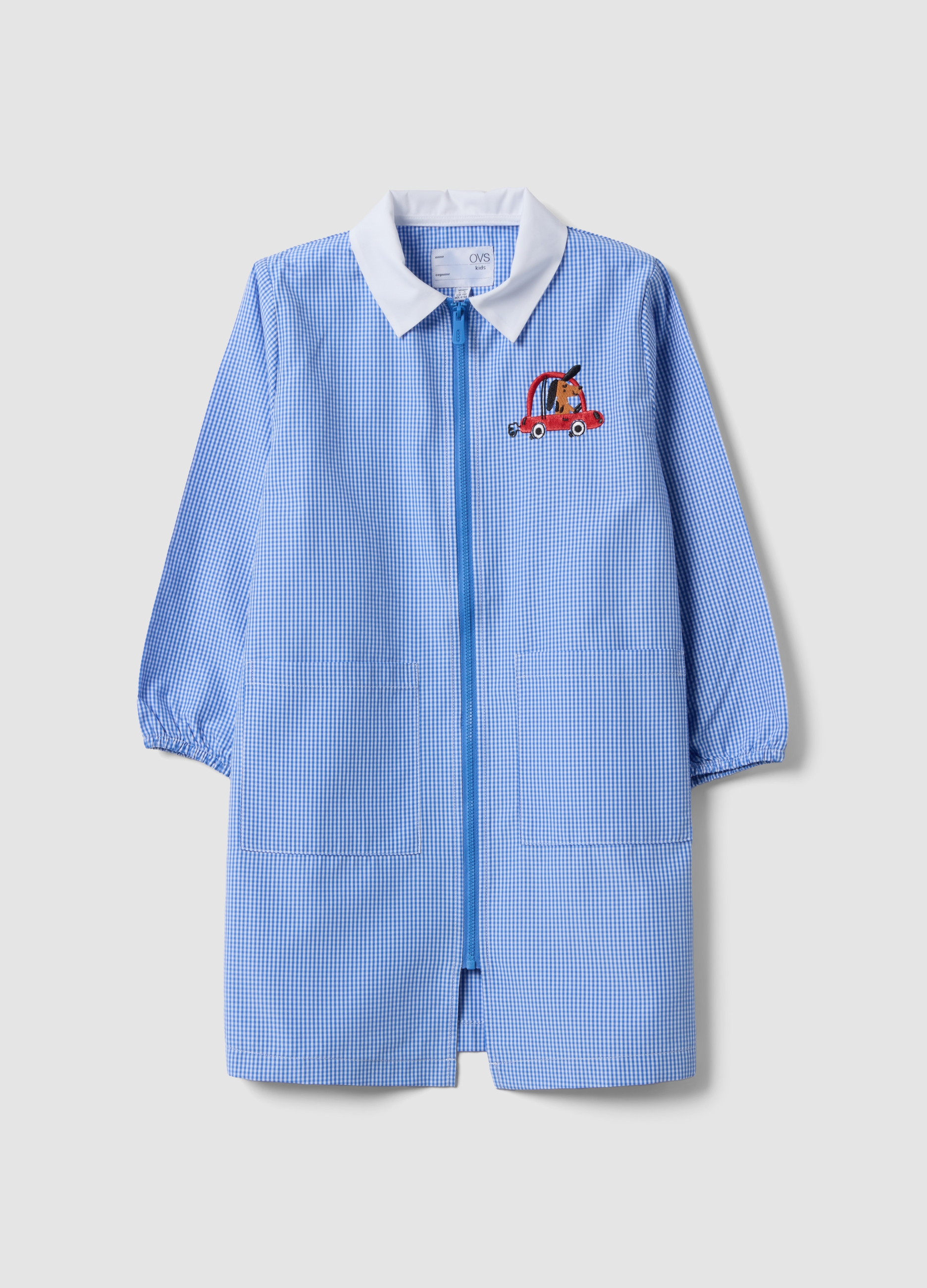 OVS KIDS, Grembiule Personalizzabile Azzurro Per L'asilo A Quadretti Con Ricamo Macchina, Bambino, Azzurro, Taglia: 4-5