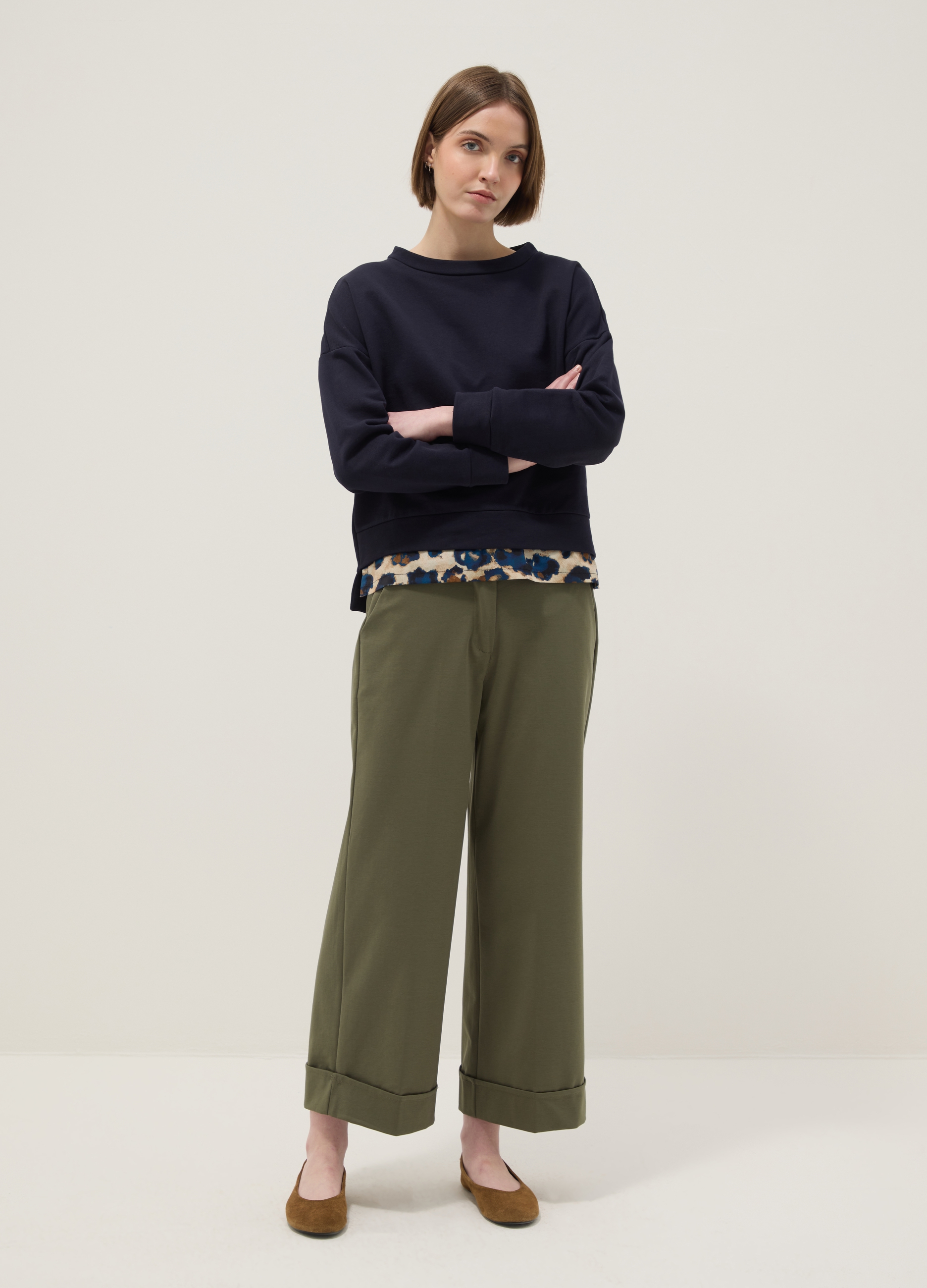 HYBRID, Pantaloni Wide Leg In Misto Cotone Elasticizzato Verdi Regular Fit, Donna, Verde, Taglia: L