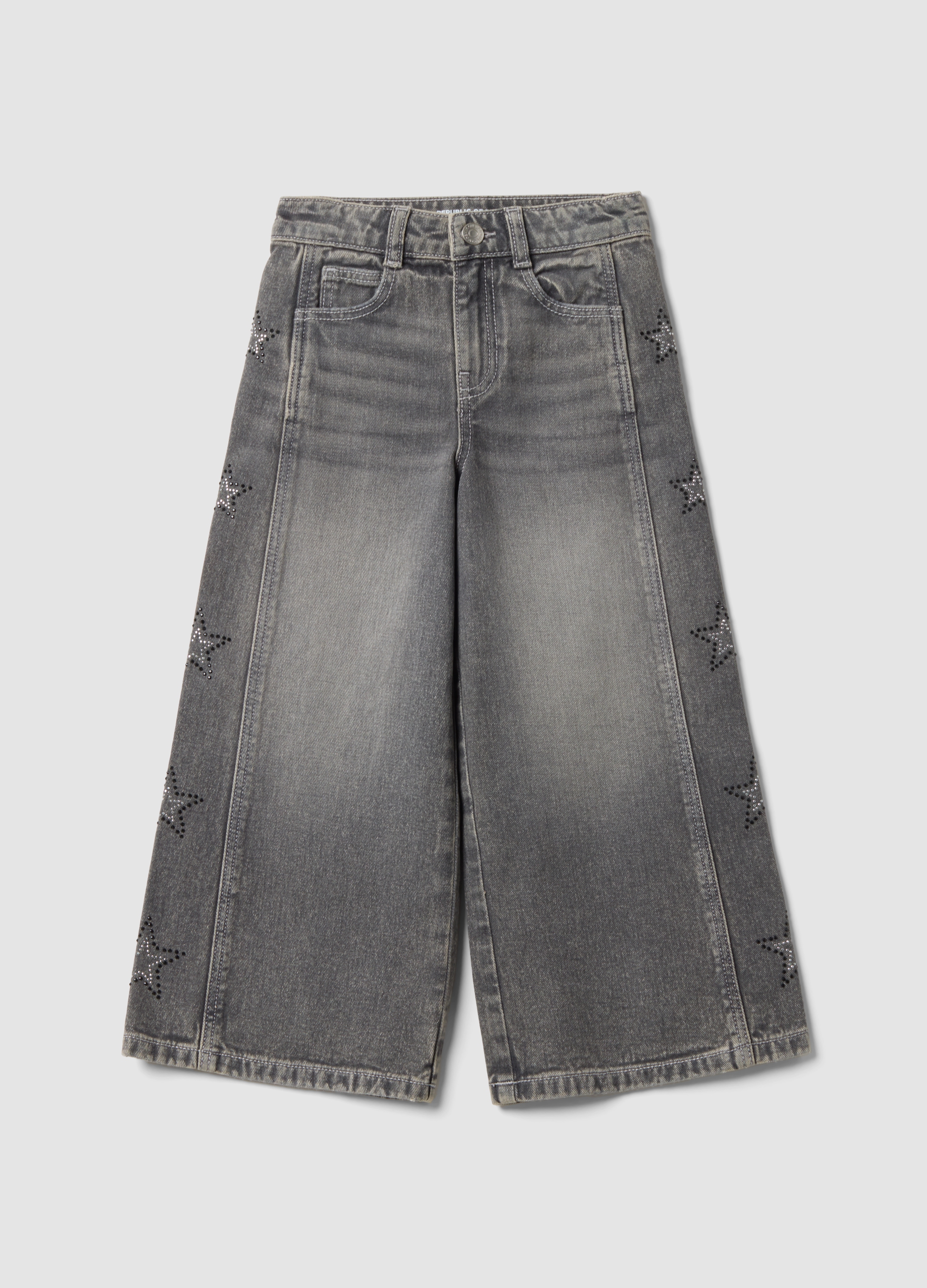 REPUBLIC OF DENIM, Jeans Grigi Wide Leg In Puro Cotone Con Stelle Per Bambina, Grigio, Taglia: 9-10