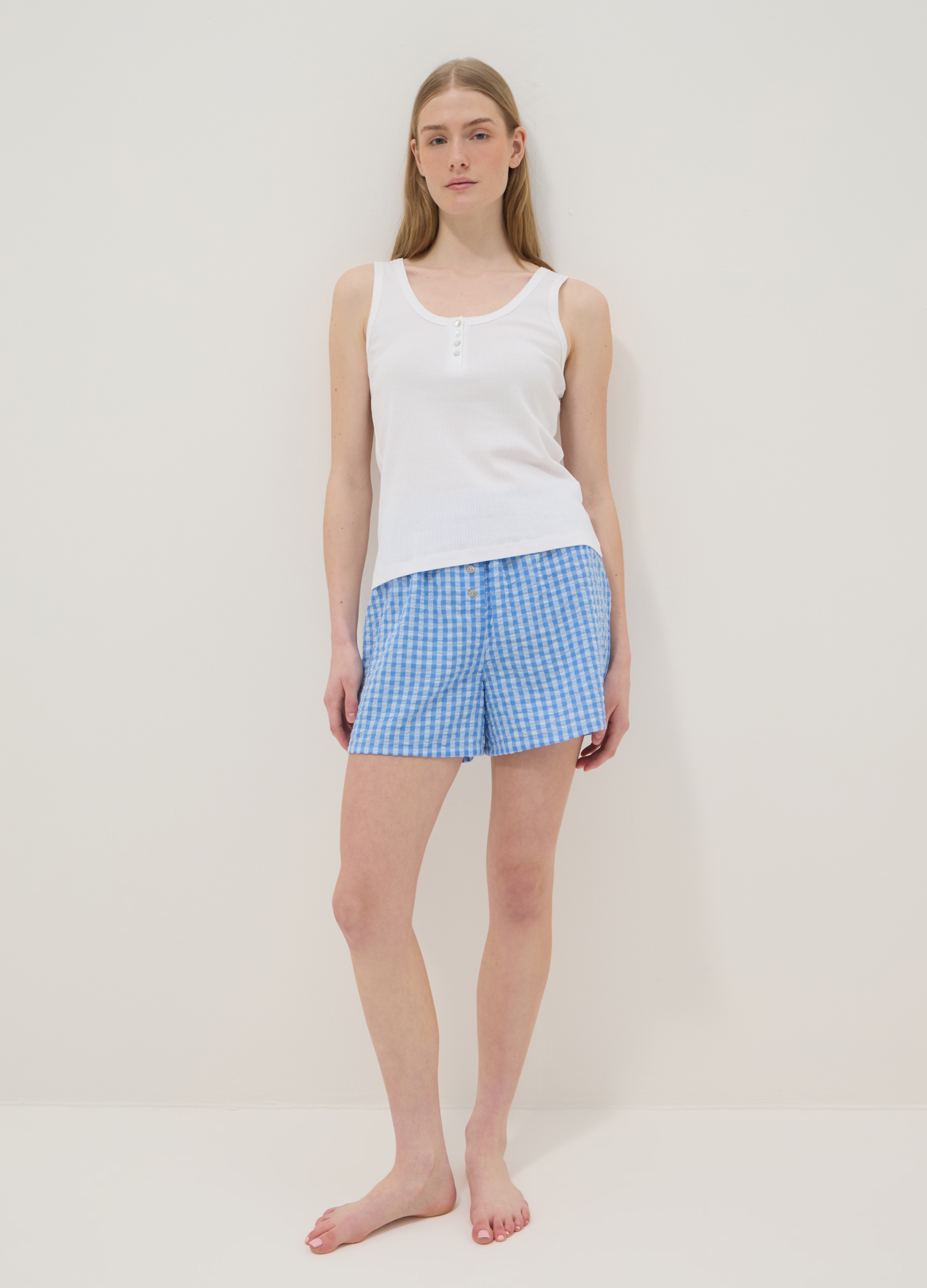 Pantalón Corto De Pijama De Algodón Puro A Cuadros Blancos Y Azul Claro, Corte Regular, Mujer, Blanco/azul claro, Talla: XL