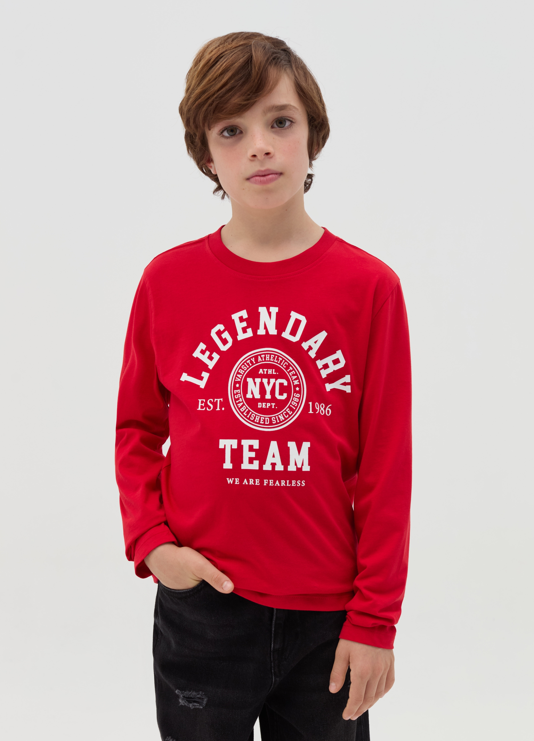 Camiseta De Manga Larga Con Estampado, Niño, Rojo Geranio, Talla: 10-11