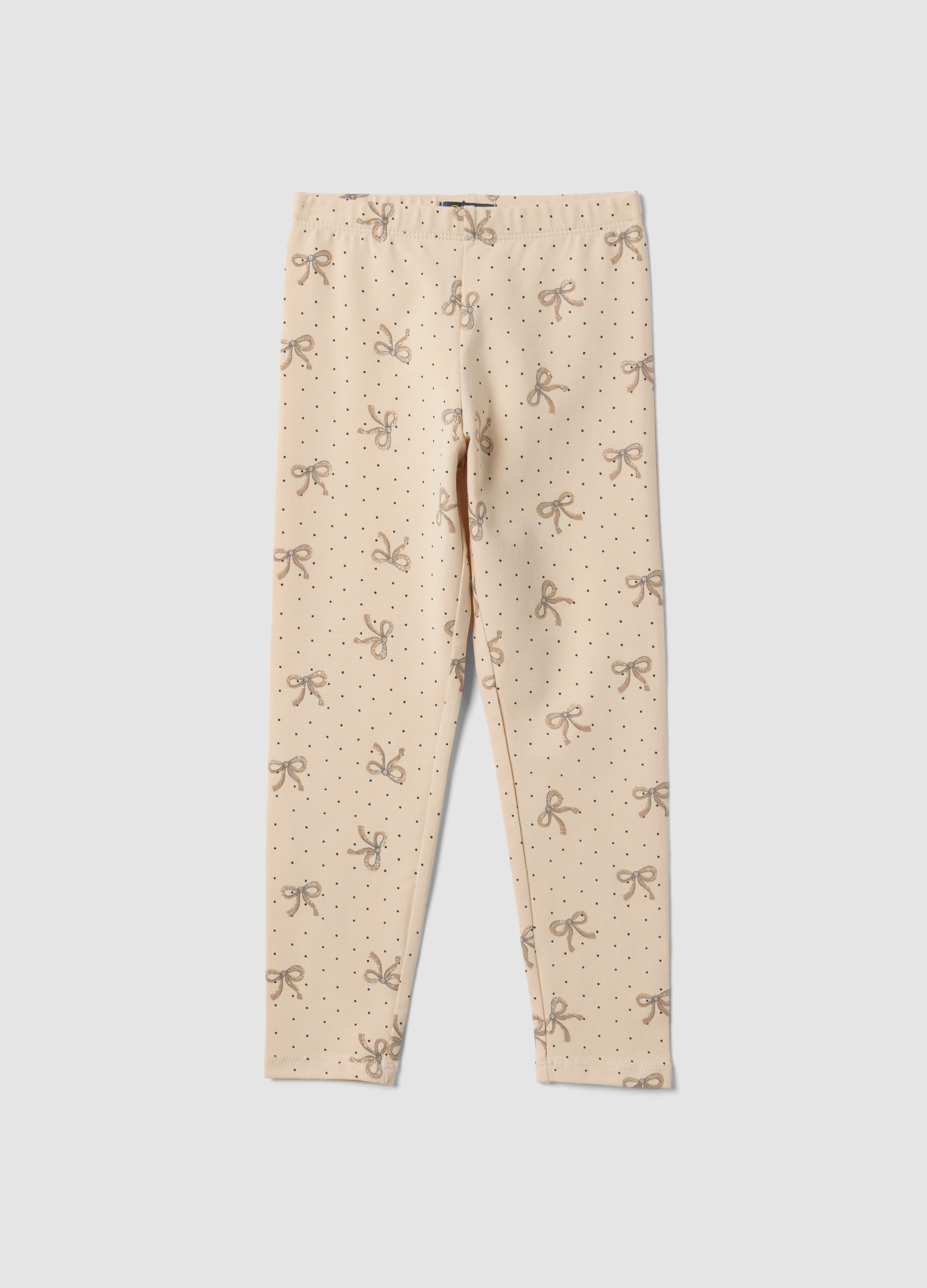 OVS KIDS, Leggings Skinny Beige In Cotone Organico Elasticizzato Con Fiocchi Per Bambina, Beige, Taglia: 9-10
