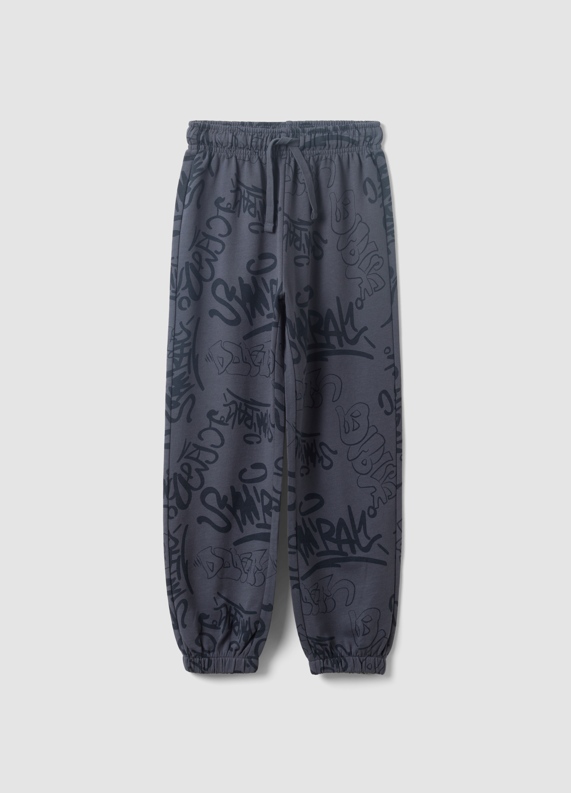 OVS KIDS, Pantaloni Jogger Over Fit Grigi In Puro Cotone Con Scritte All Over Per Bambino, Grigio, Taglia: 4-5