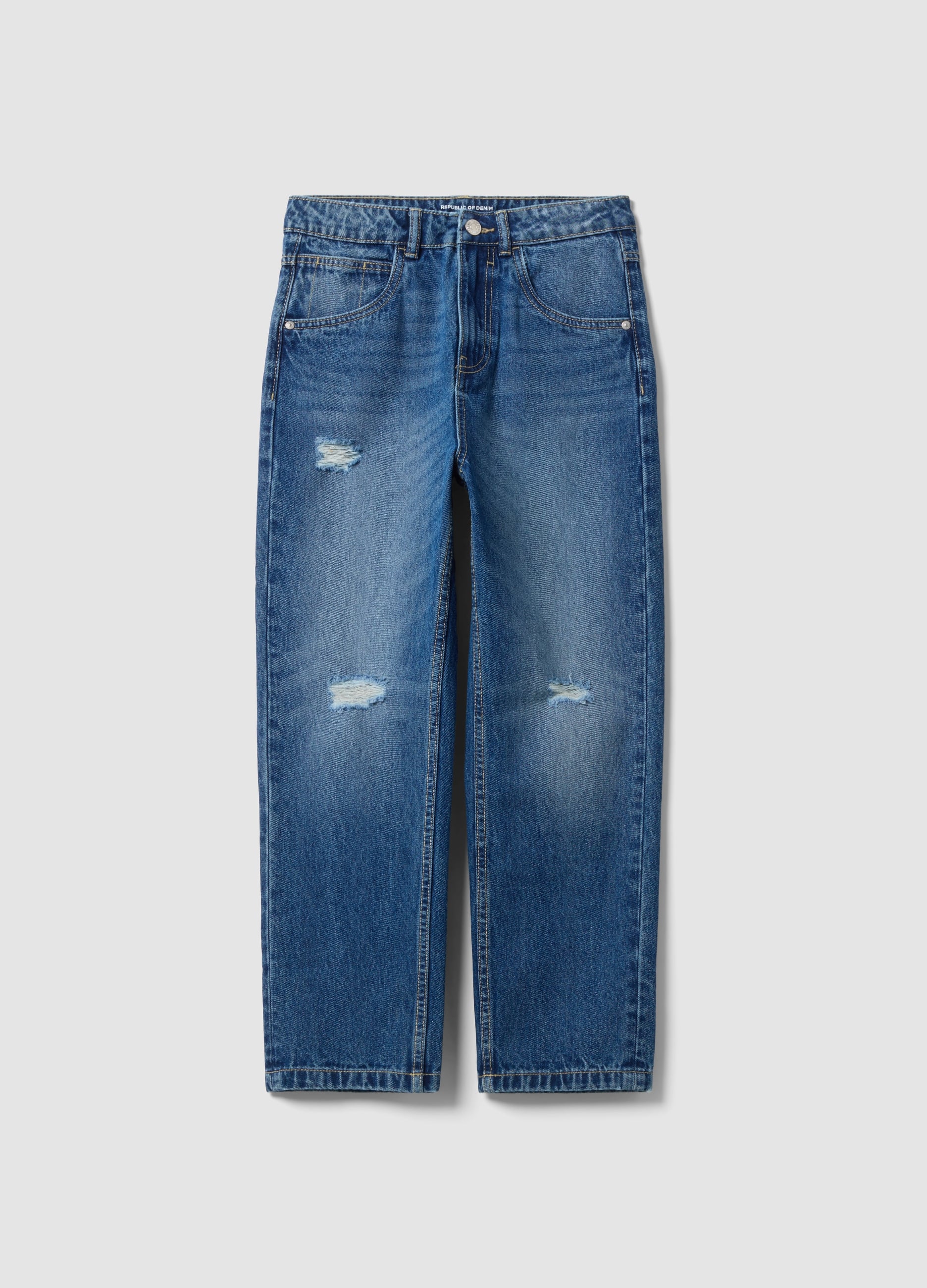 REPUBLIC OF DENIM , Jeans Blu Baggy In Puro Cotone Con Strappi Per Ragazzo, Bambino, Blu, Taglia: 14-15