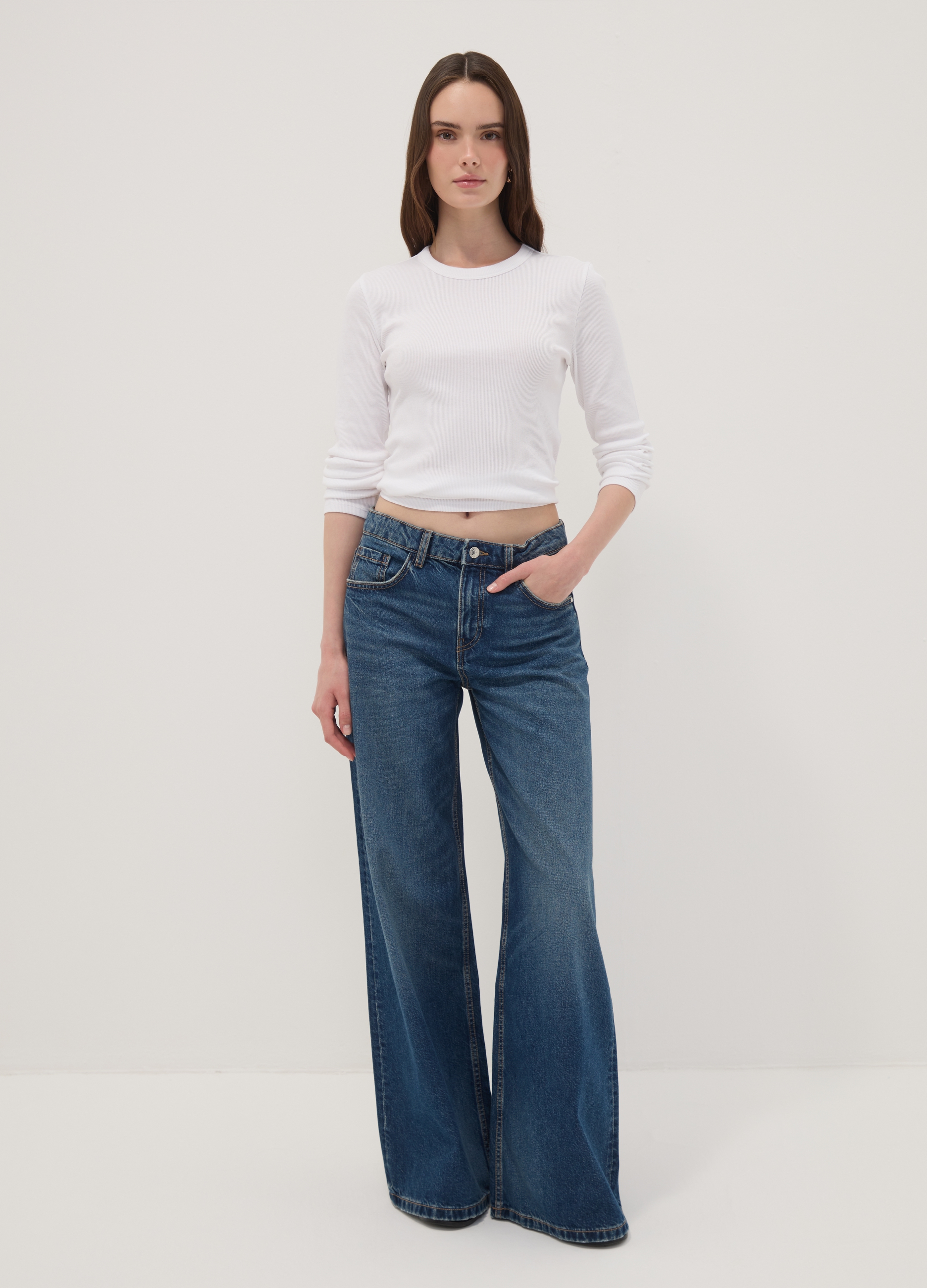 REPUBLIC OF DENIM, Jeans Blu In Puro Cotone Wide Leg A Vita Bassa, Donna, Blu, Taglia: 36