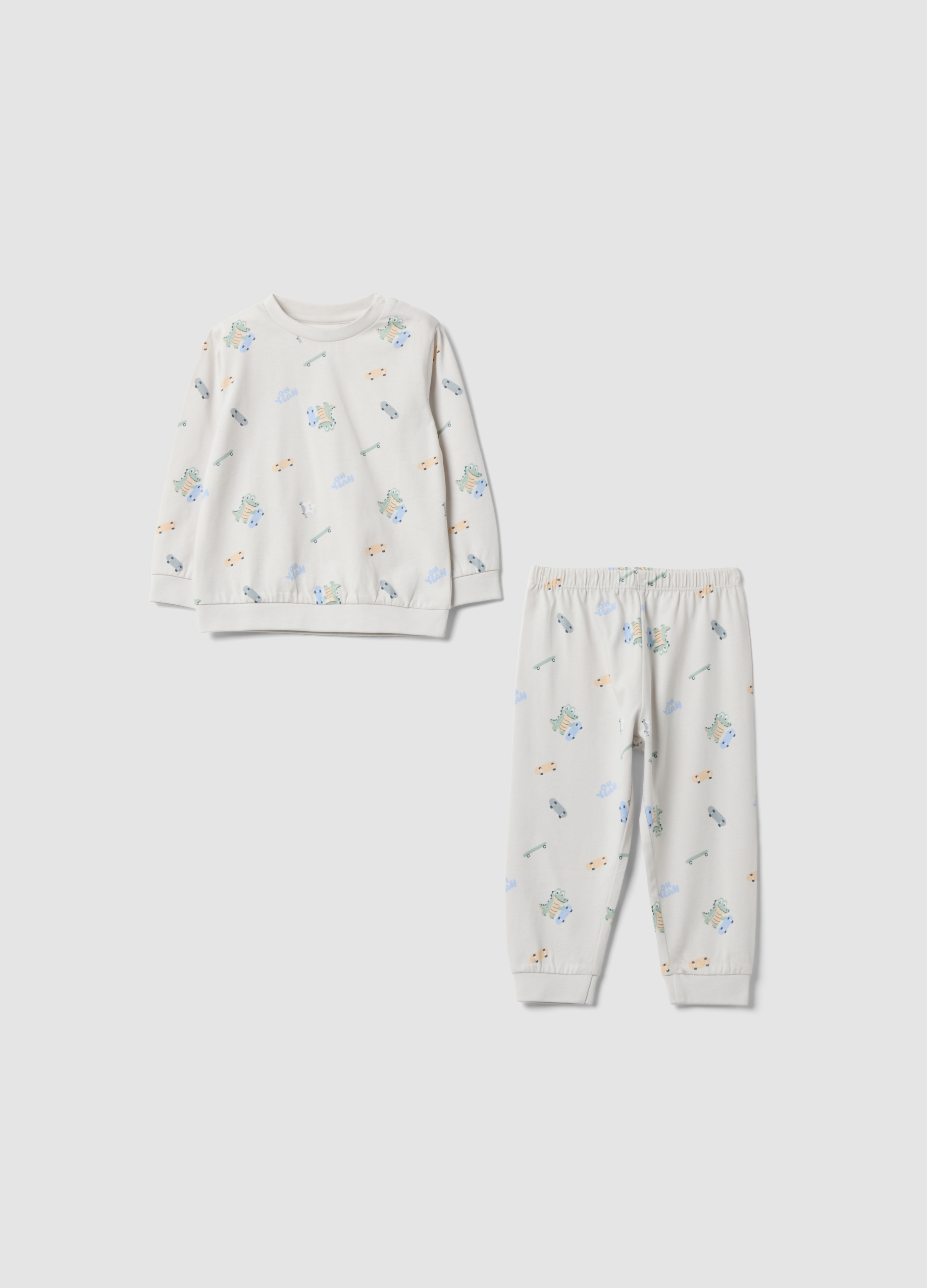 FAGOTTINO, Pigiama Grigio In Puro Cotone Jersey Organico Con Stampa Coccodrillo, Bambino, Grigio, Taglia: 18-24