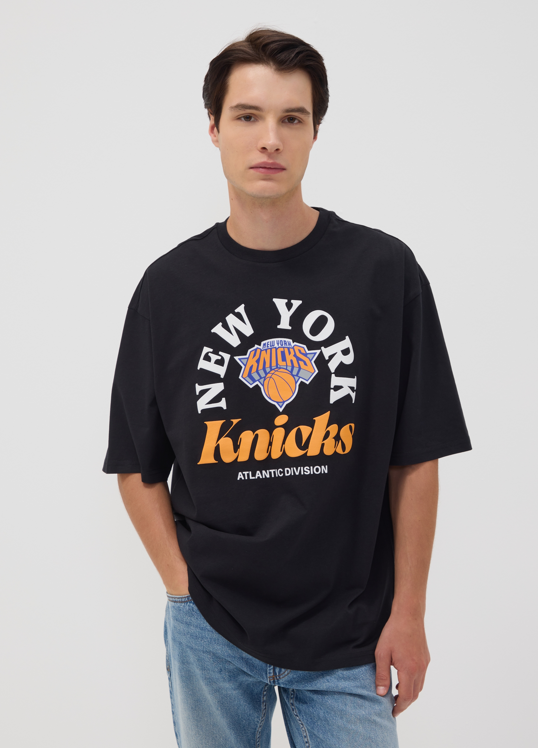NBA, T-shirt Nera In Puro Cotone Con Stampa New York Knicks, Uomo, Nero, Taglia: M