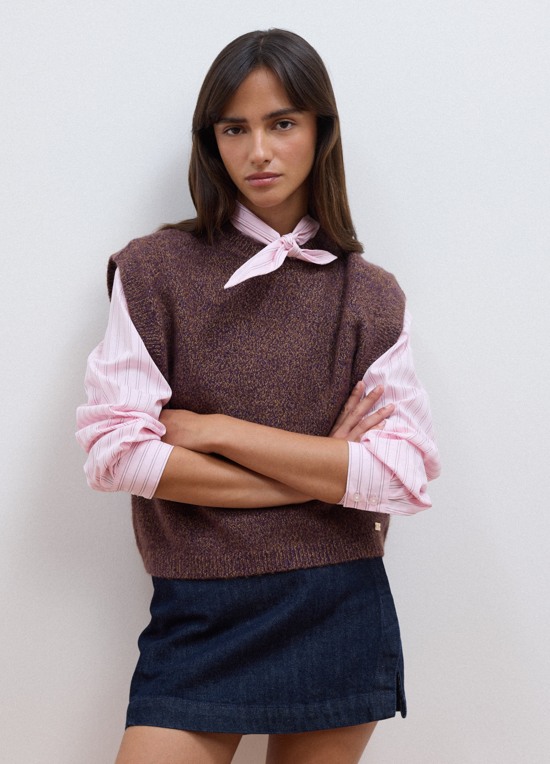 LES COPAINS, Gilet Marrone Girocollo In Misto Lyocell E Lana, Donna, Marrone, Taglia: XS