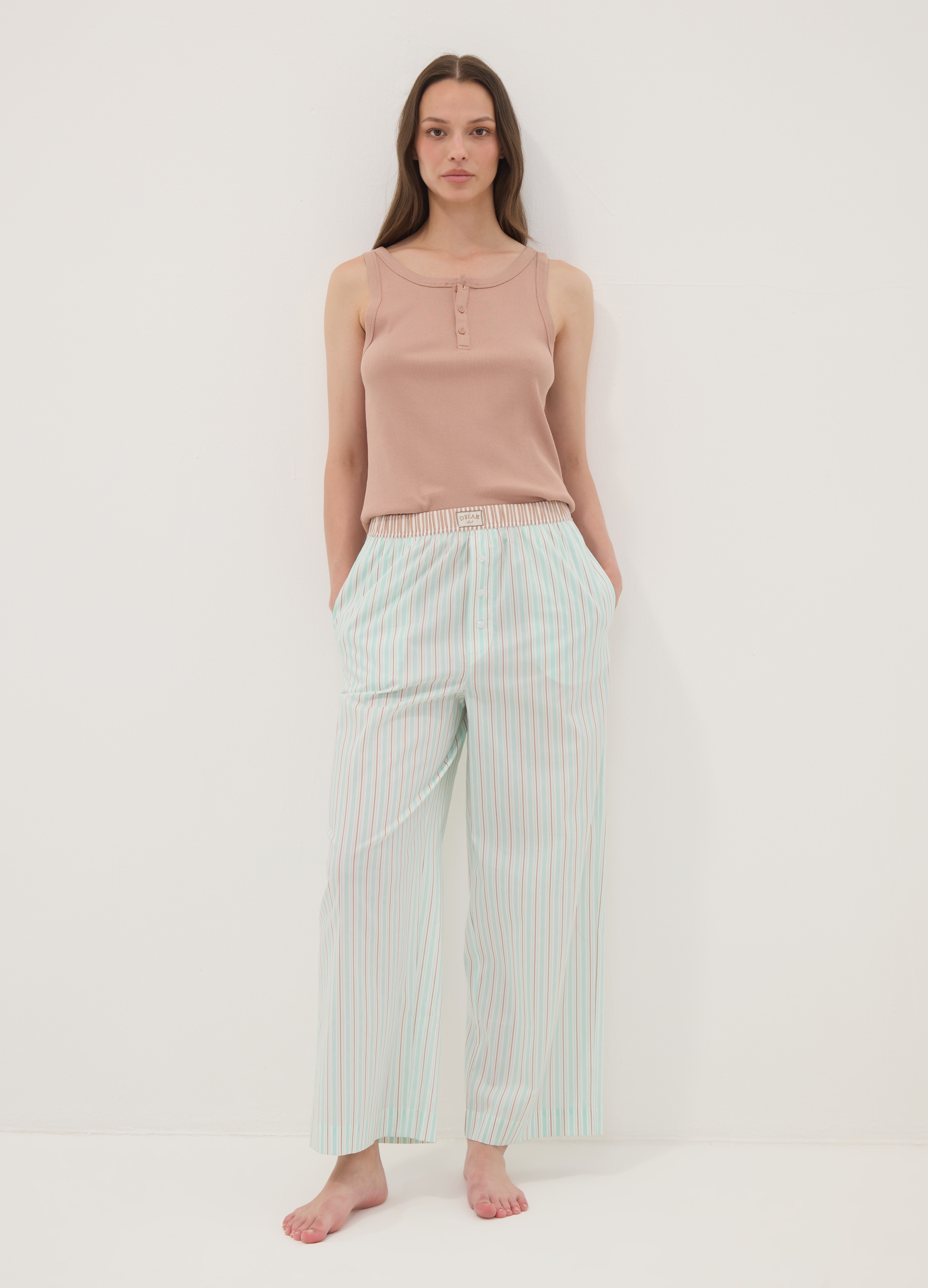 OVS, Pantaloni Pigiama Verdi A Righe In Popeline Di Misto Cotone Elasticizzato, Donna, Verde, Taglia: XXL