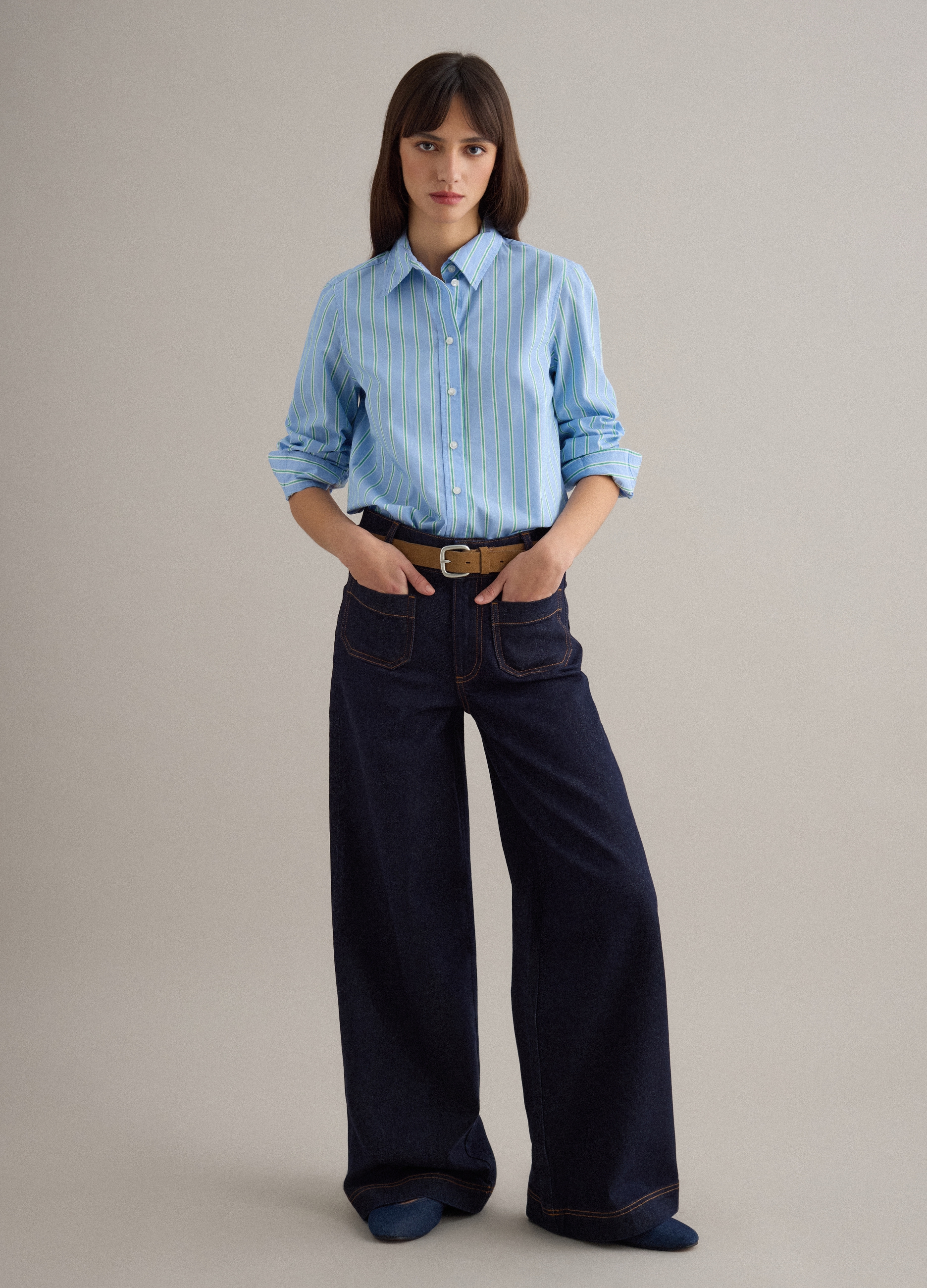 PIOMBO, Camisa Celeste De Algodón Puro A Rayas Con Ajuste Regular, Mujer, Verde/Azul, Talla: 40