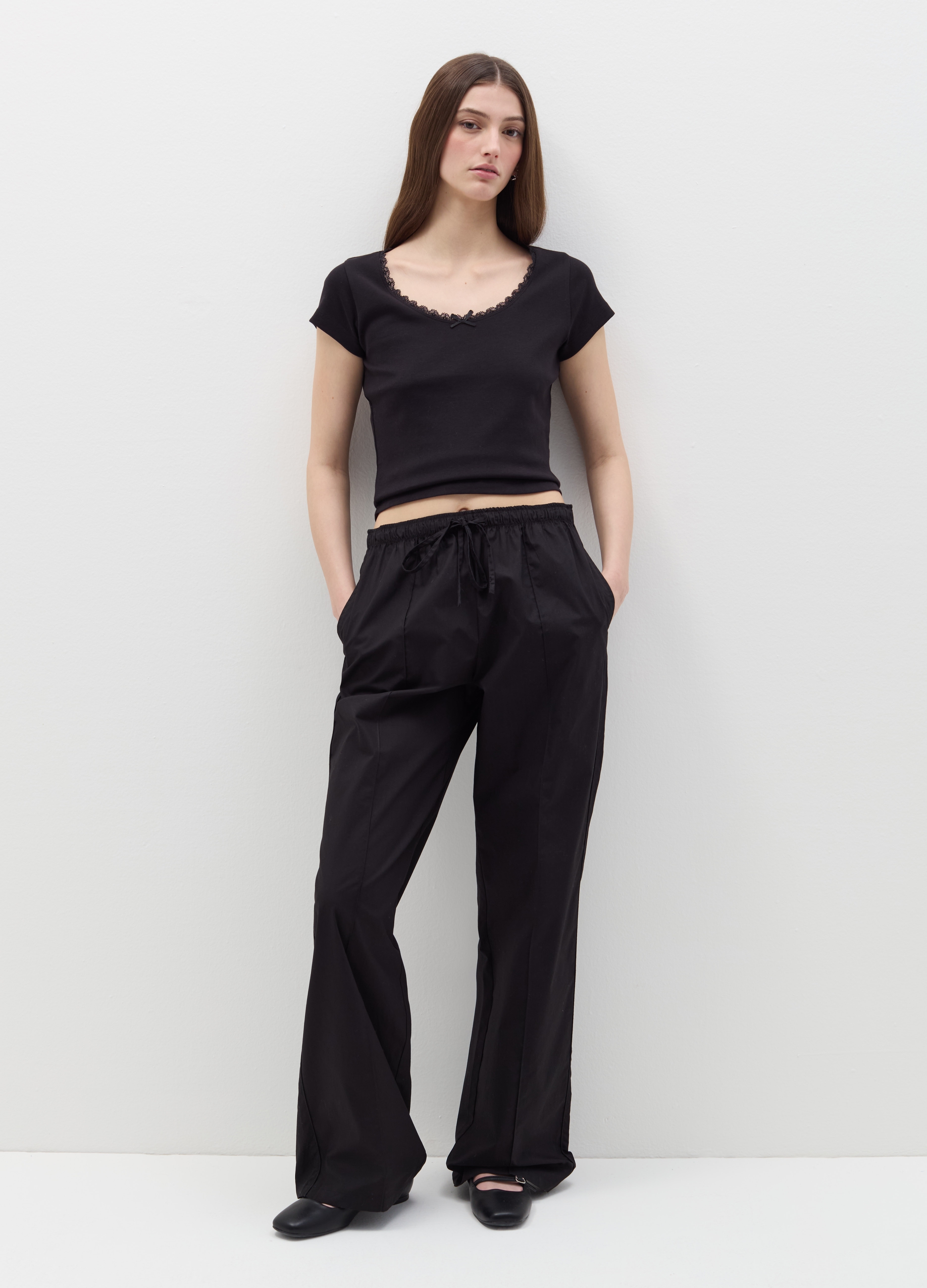 OVS, Joggers In Popeline Con Profilo A Contrasto, Donna, Nero, Taglia: XS