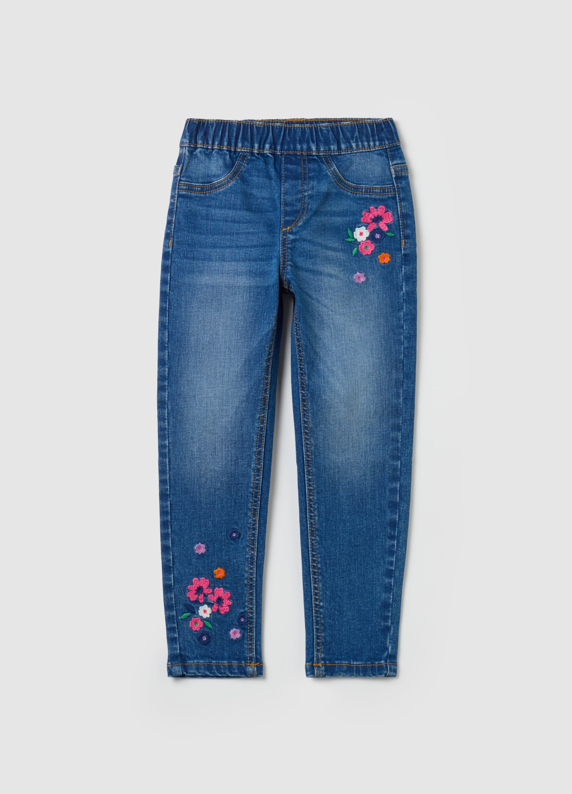 Jeggings Skinny Fit Con Bordado Floral, Niña, Lavado medio, Talla: 3-4