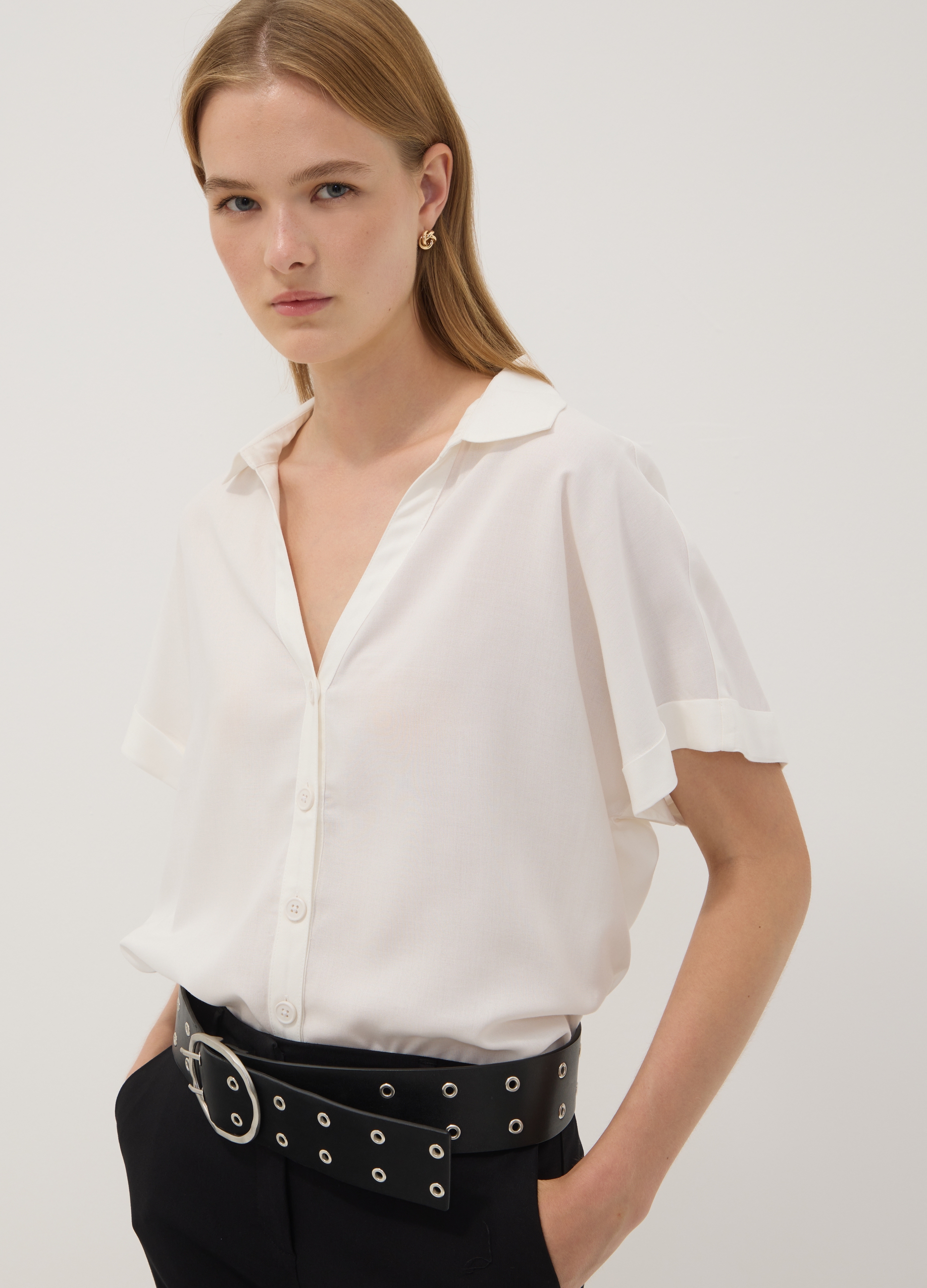 OVS, Camicia Bianca In Pura Viscosa A Maniche Corte Over Fit, Donna, Bianco, Taglia: XL