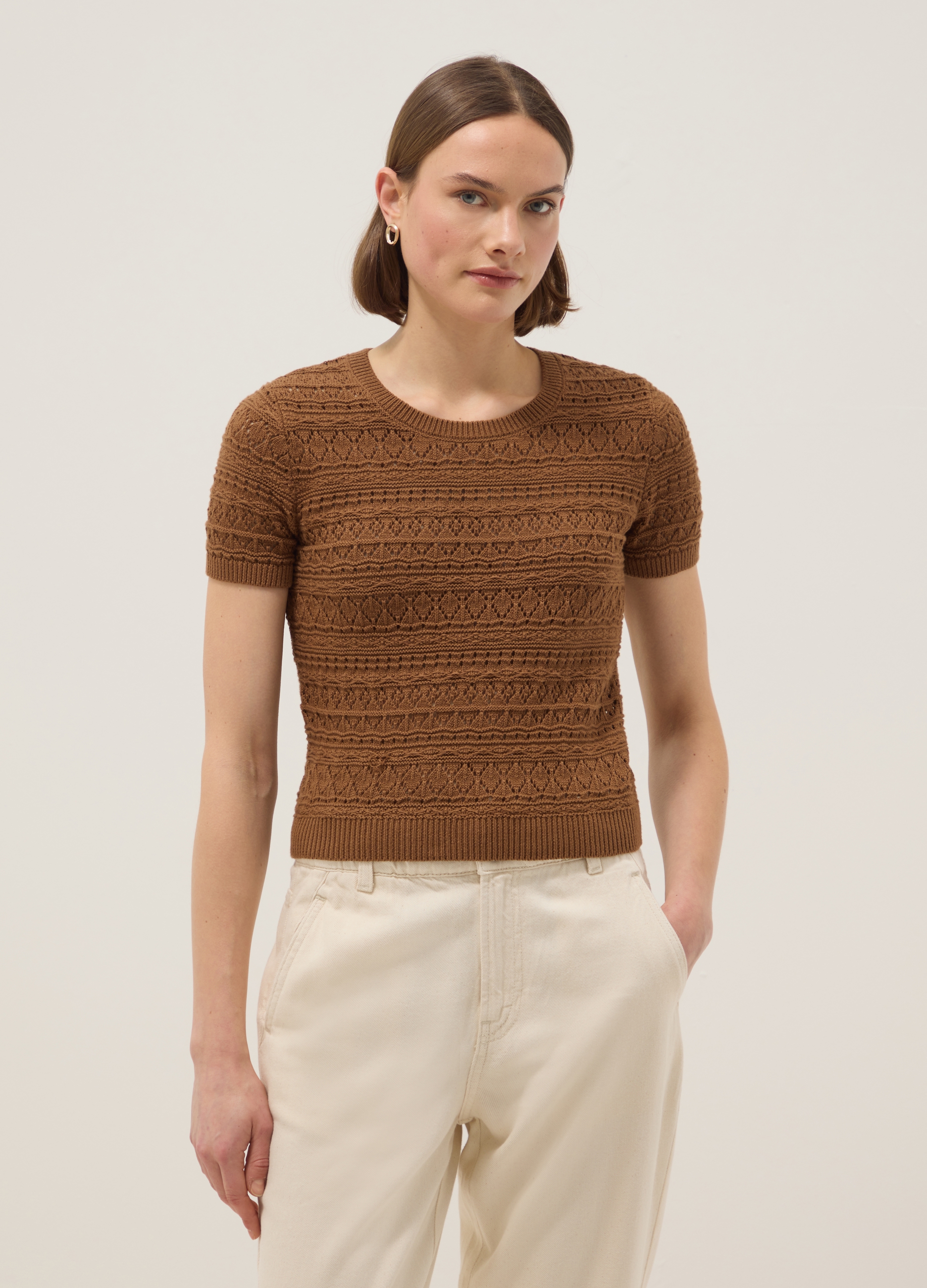 Jersey De Algodón Puro Marrón Ajuste Regular Con Tejido De Punto, Mujer, Marrón antílope, Talla: 36