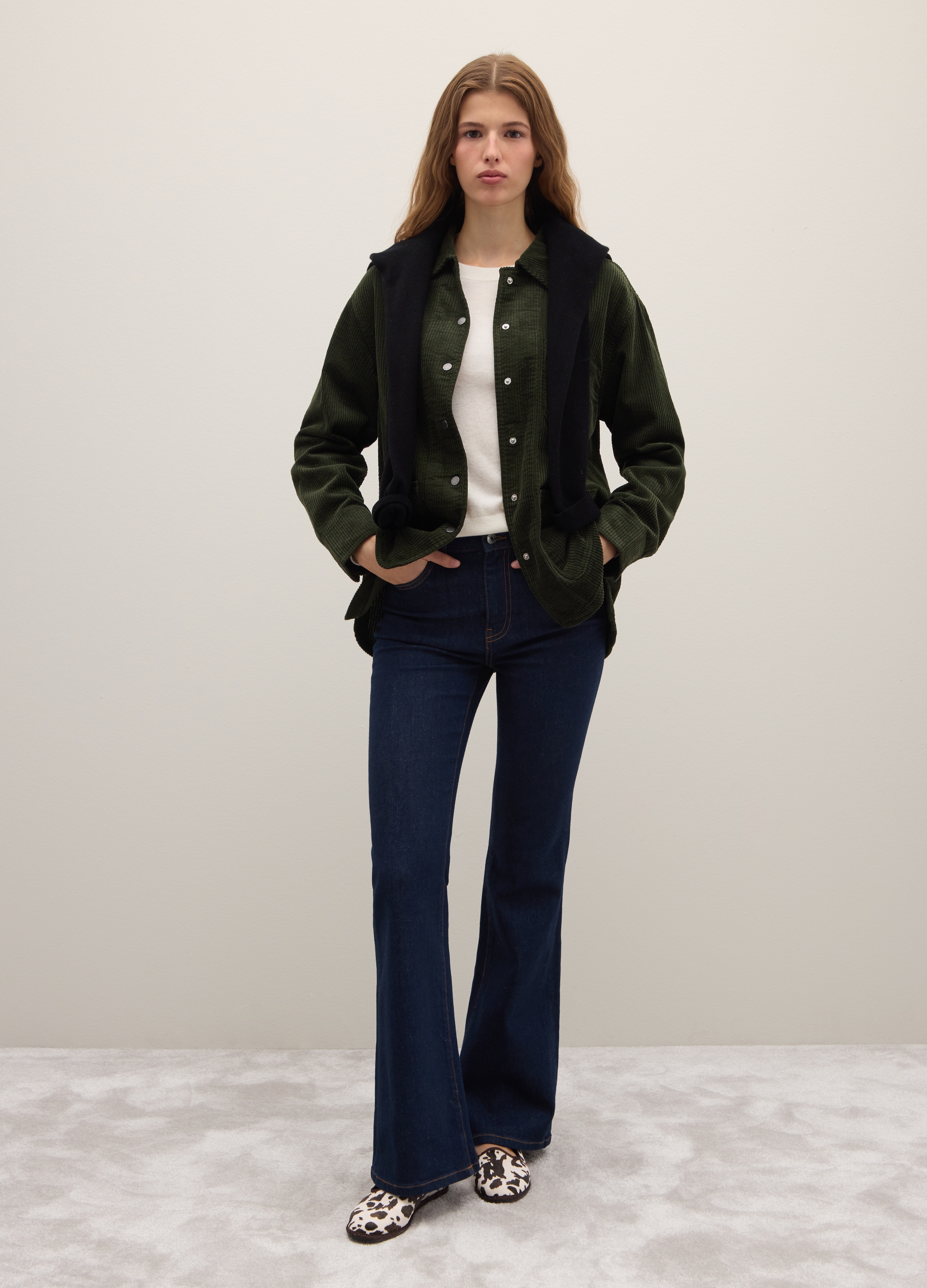 PIOMBO, Camisa Verde De Pana En Puro Algodón Corte Regular, Mujer, Verde oscuro, Talla: 34