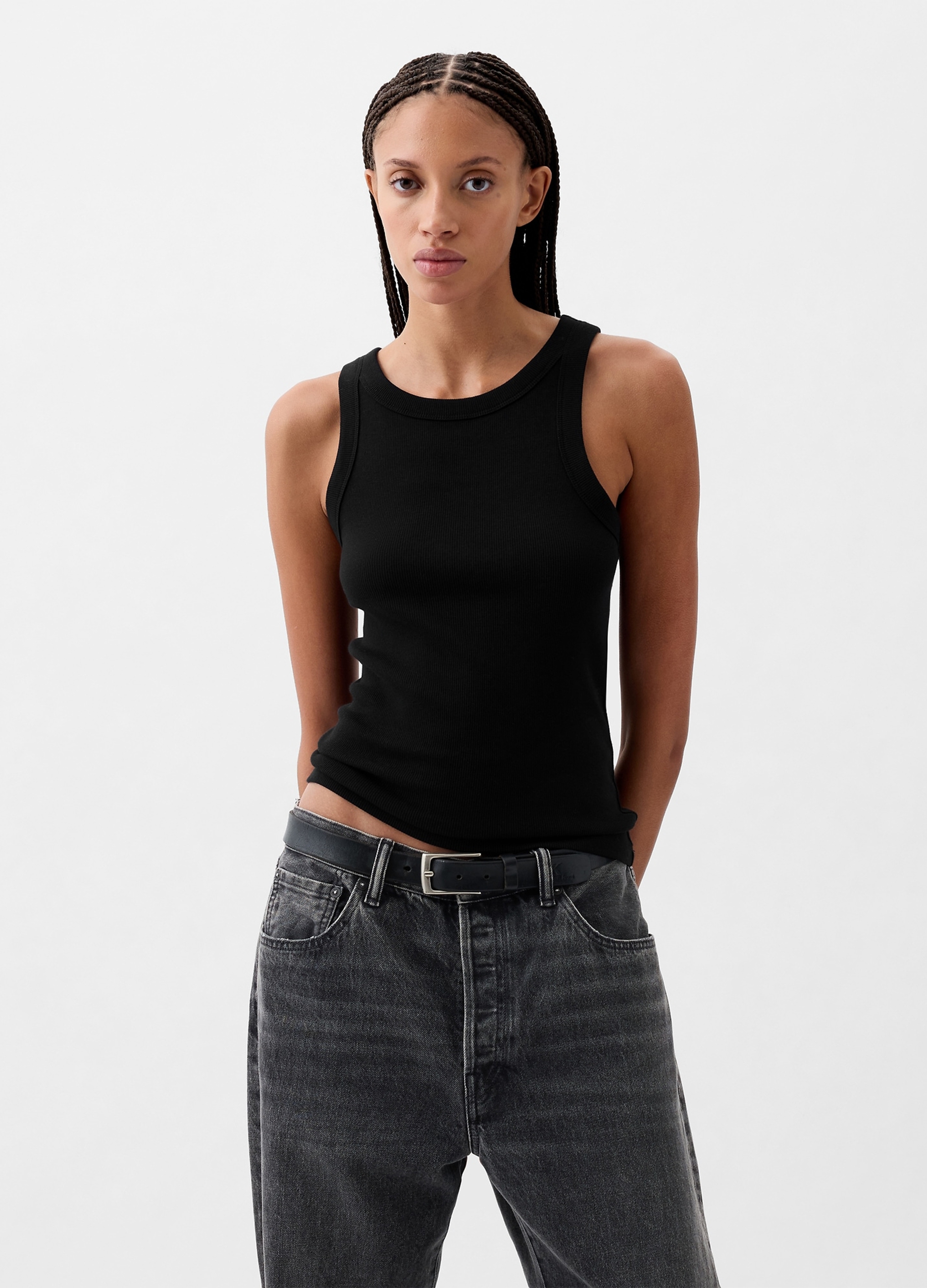 GAP, Tank Top A Costine Con Scollo Halter, Donna, Nero, Taglia: L