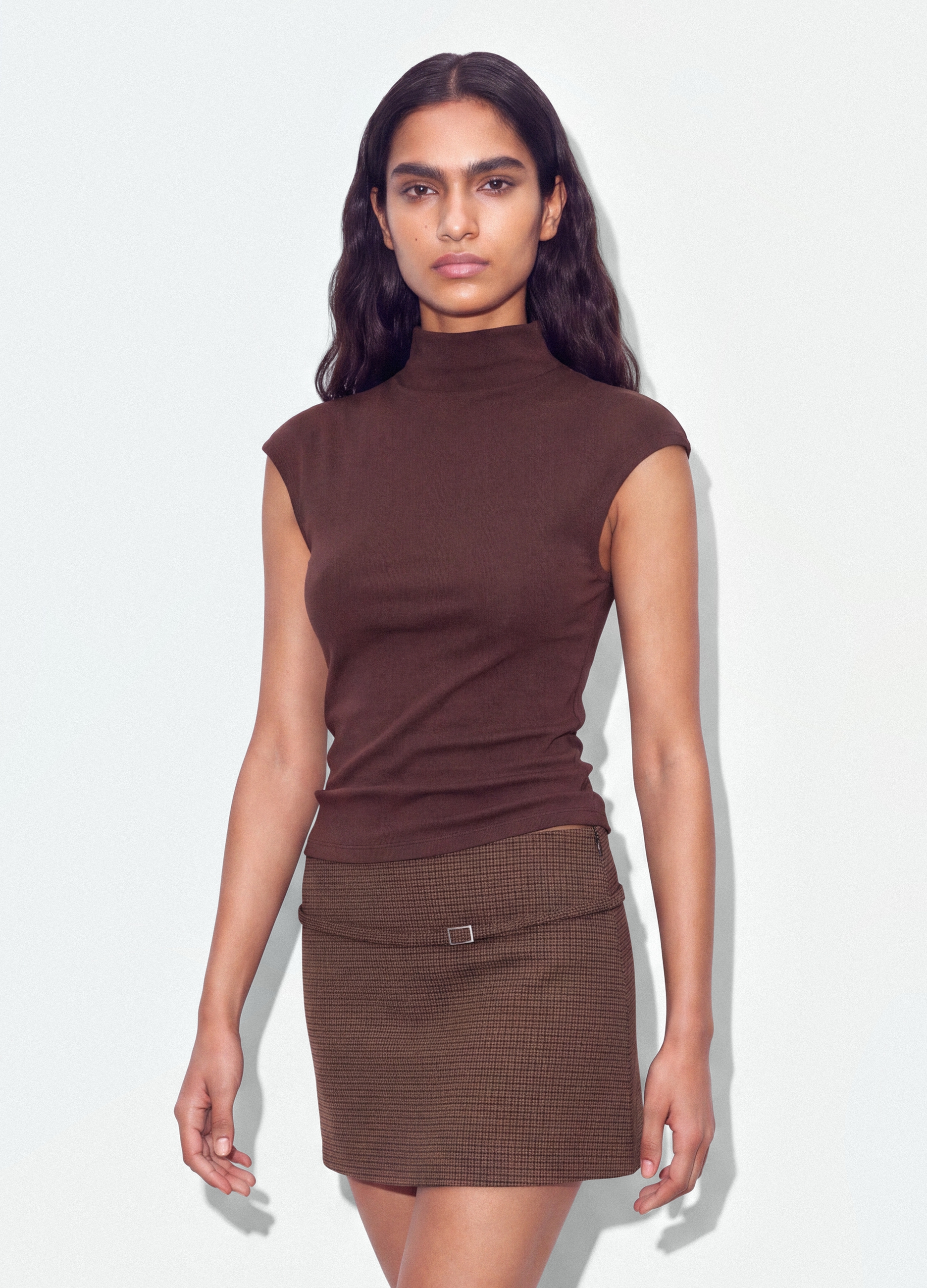 B.ANGEL, T-shirt Marrone In Modal E Cotone Elasticizzato Con Collo Rialzato Fitted, Donna, Marrone, Taglia: XL