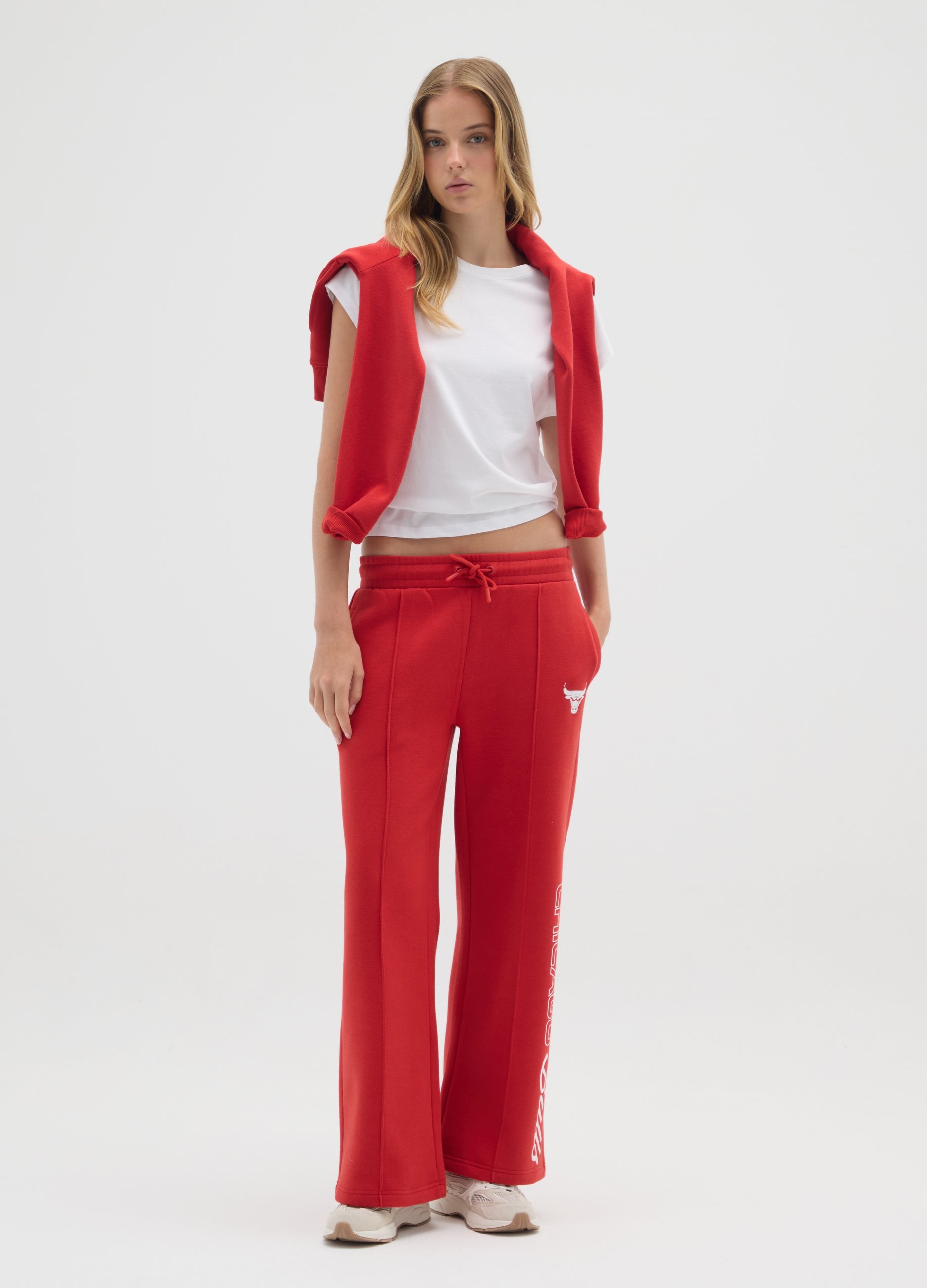 NBA, Pantaloni In Misto Cotone Rossi Regular Fit Con Stampa Chicago Bulls, Donna, Rosso, Taglia: L