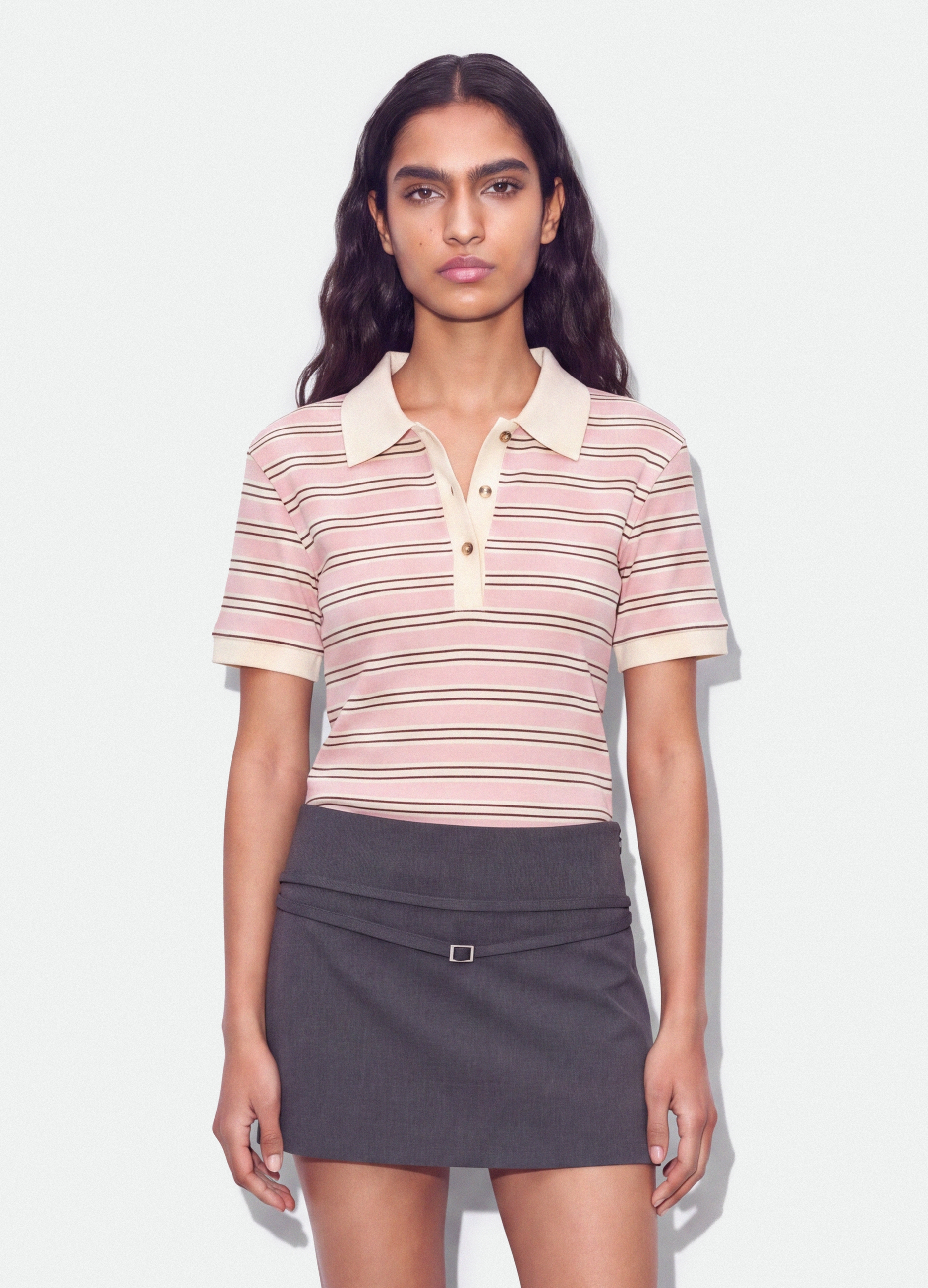 B.ANGEL, Polo Crop Rosa In Cotone Elasticizzato A Righe Regular Fit, Donna, Rosa, Taglia: S