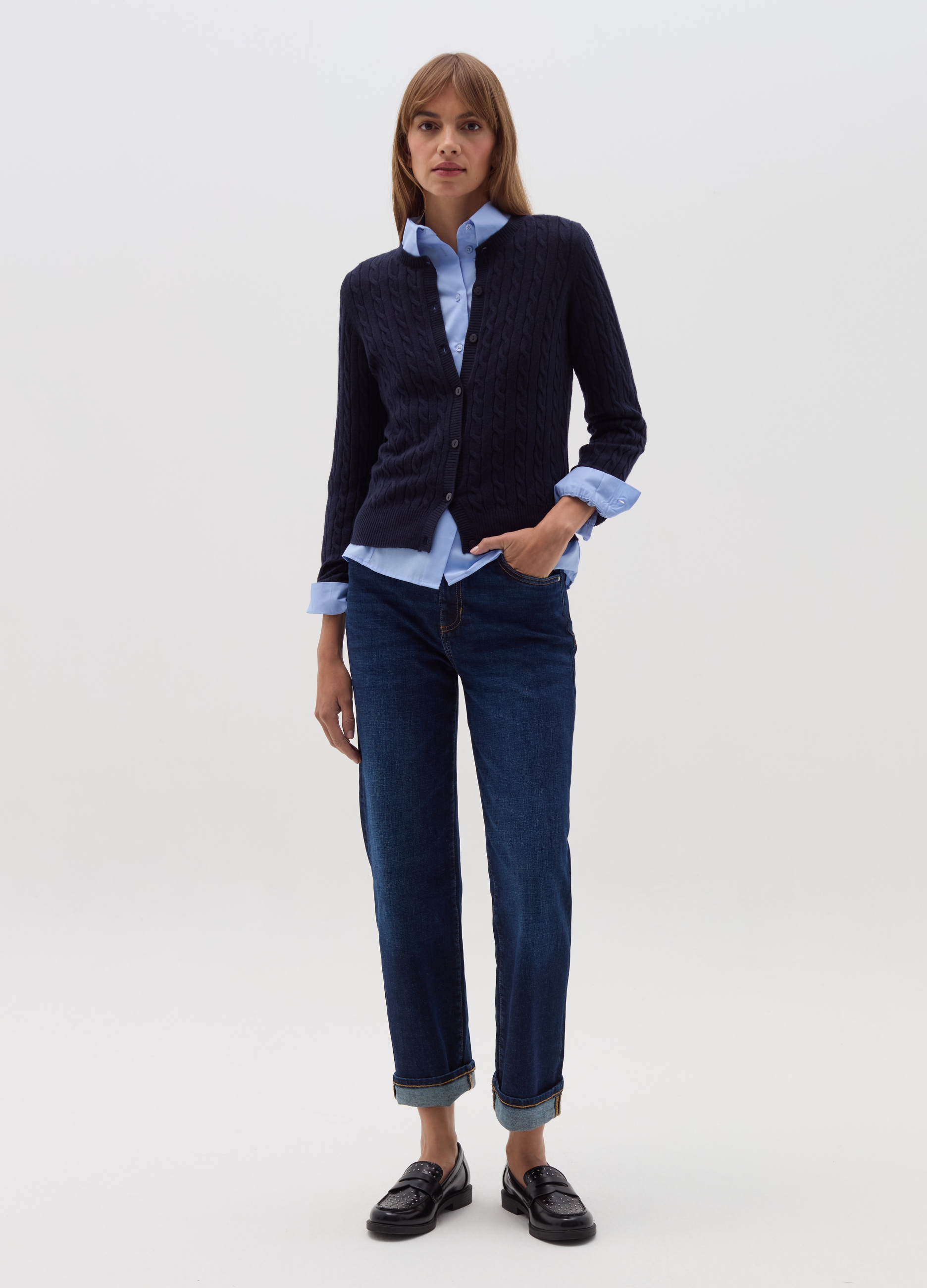 Cárdigan De Canalé Con Punto Trenzado, Mujer, Azul marino, Talla: 42