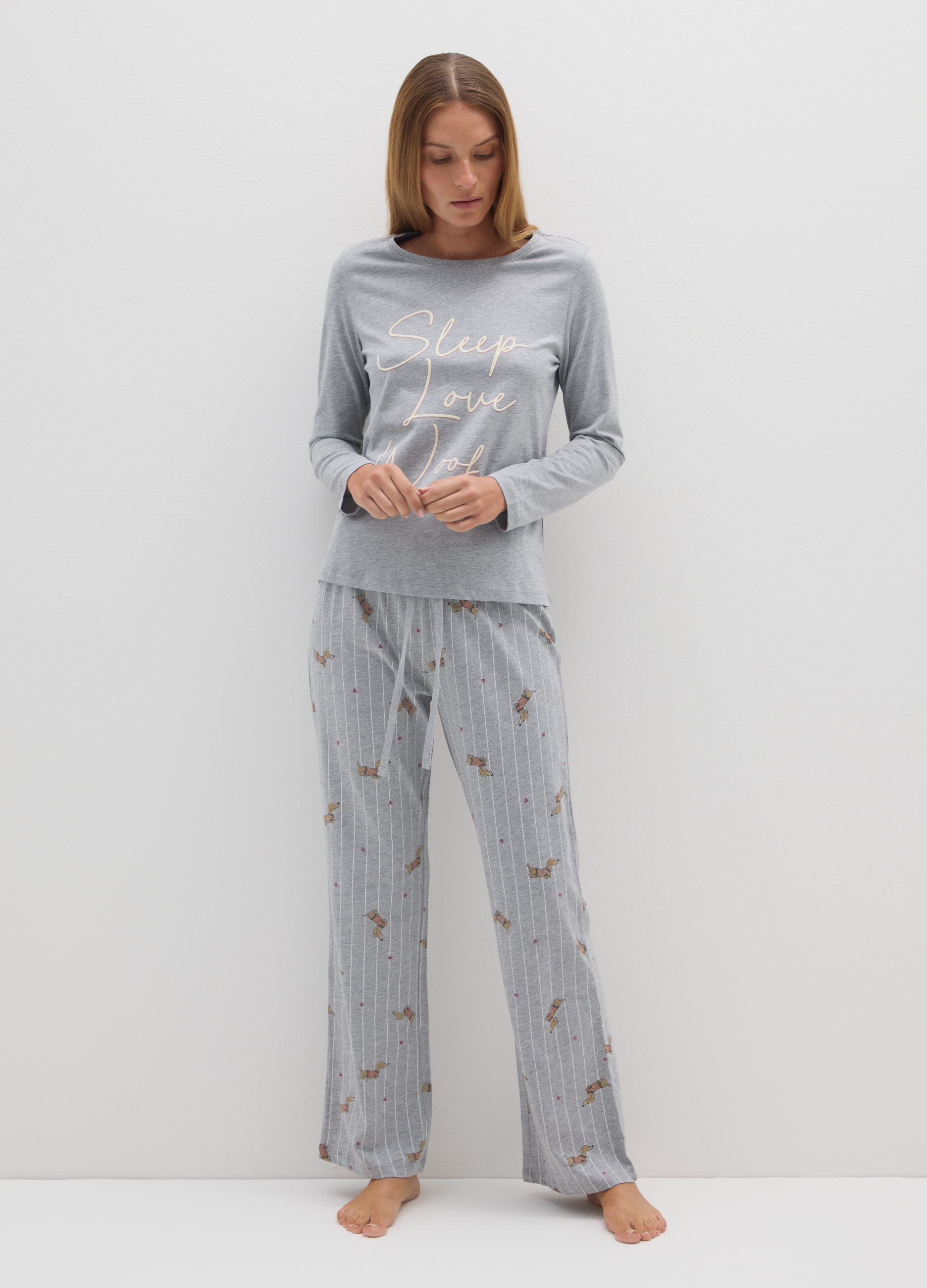 Pigiama Lungo In Misto Cotone Grigio Regular Fit, Mujer, Gris jaspeado, Talla: XXL