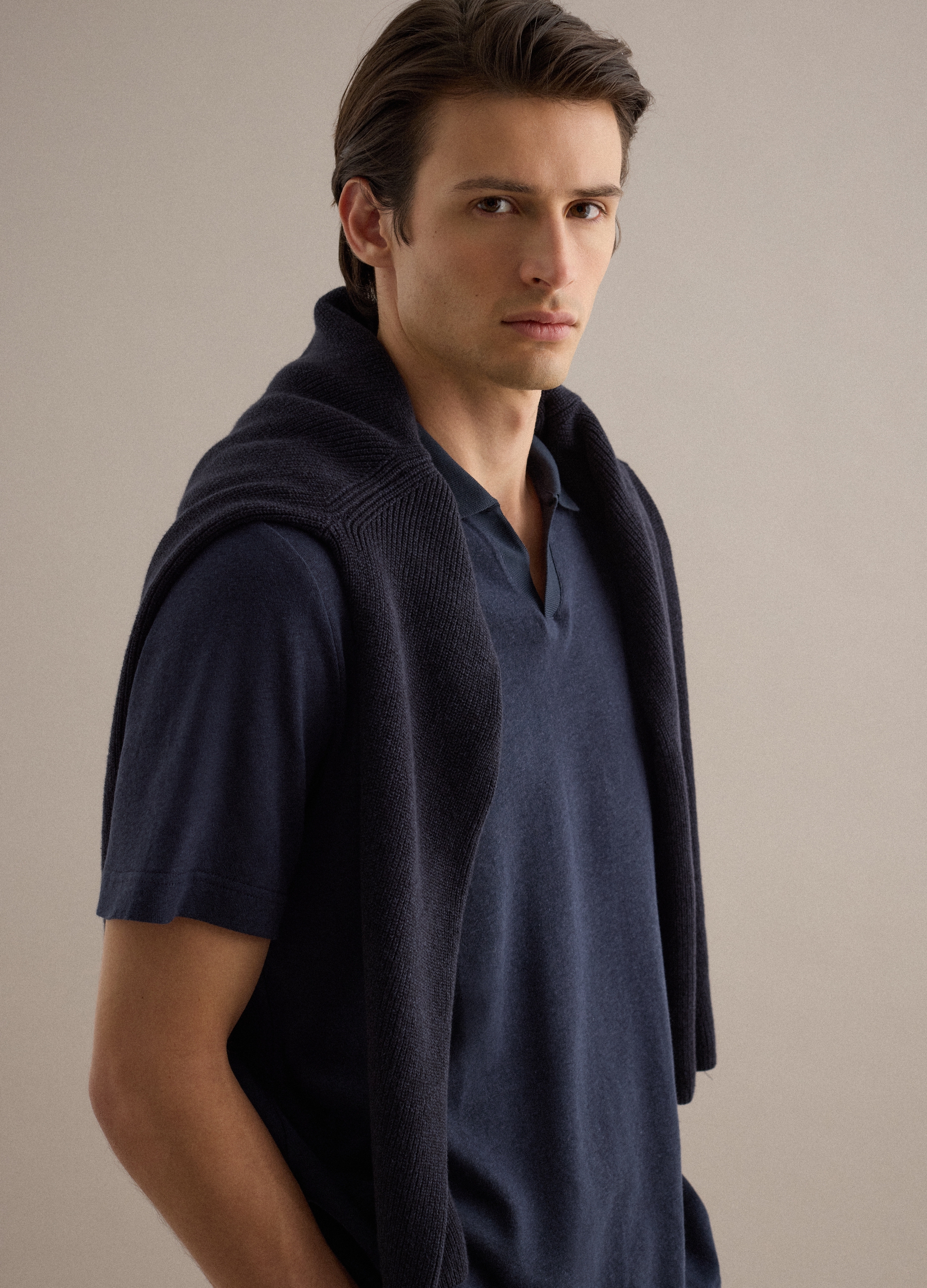 Piombo Contemporary, Polo Azul De Lino Y Algodón Mezclado En Ajuste Regular, Hombre, Azul marino, Talla: XXL