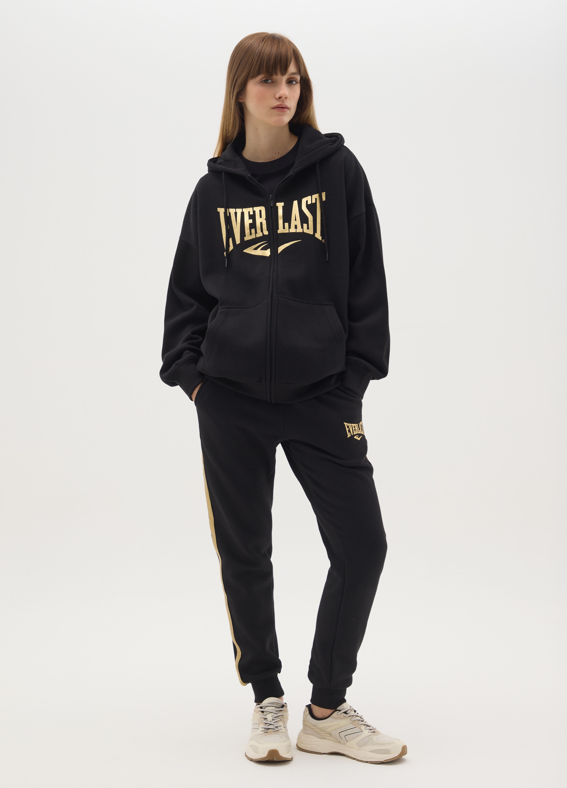 EVERLAST, Felpa Bianca Con Cappuccio In Misto Cotone Con Zip E Stampa, Donna, Bianco, Taglia: L