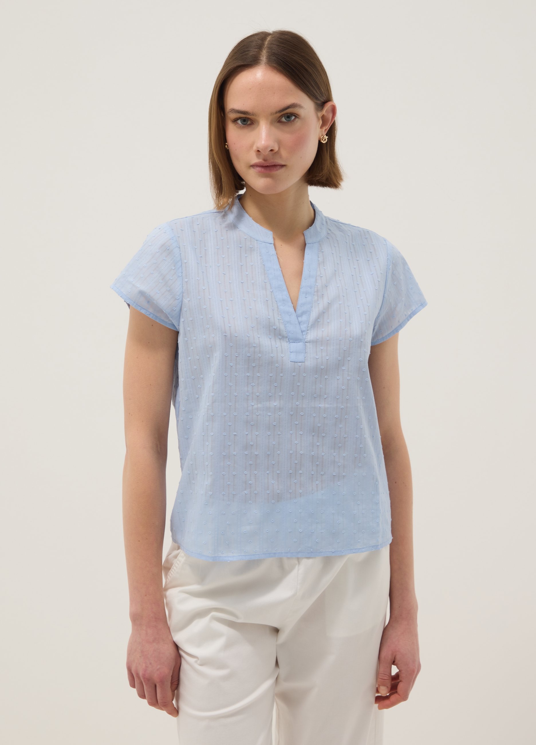 Camisa Azul Claro De Algodón Puro Regular Fit Con Escote En V Profundo Y Transparencias, Mujer, Azul claro, Talla: 36