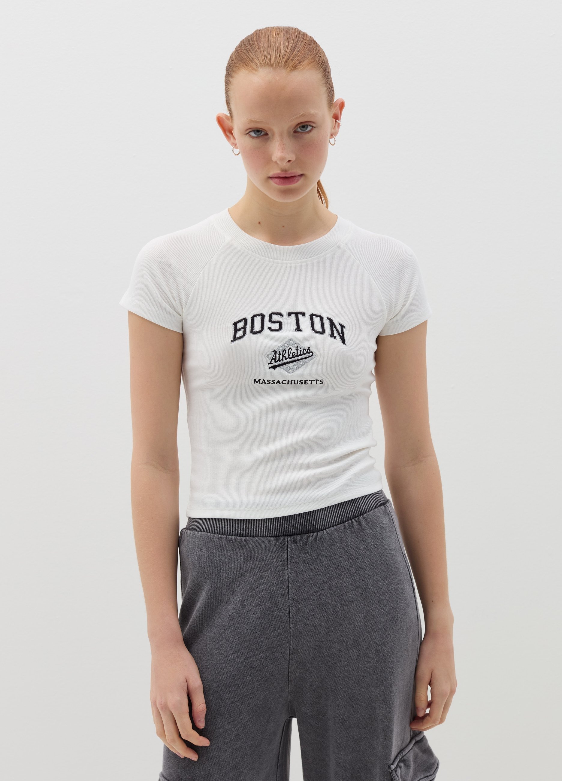 B.ANGEL, Camiseta Corta En Canalé Con Bordado, Mujer, Blanco óptico, Talla: 40