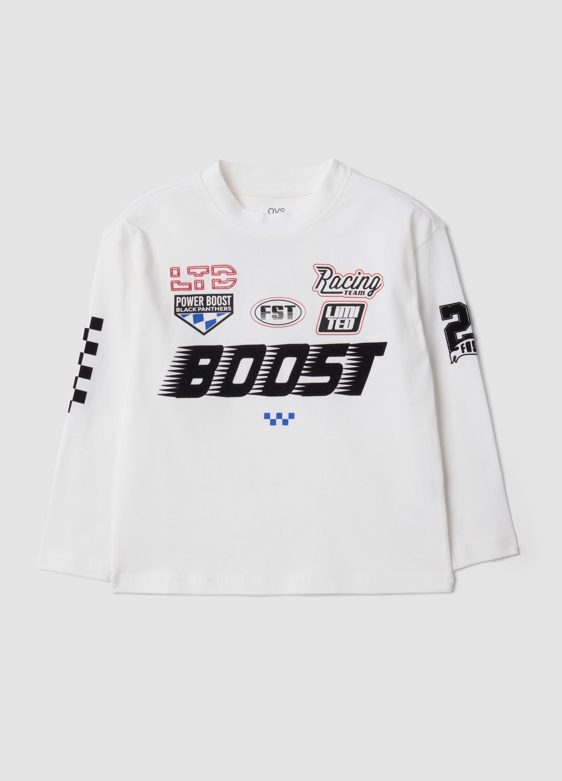 OVS KIDS, T-shirt Bianca In Puro Cotone Con Girocollo Stampa Racing Per Bambino, Bianco, Taglia: 4-5