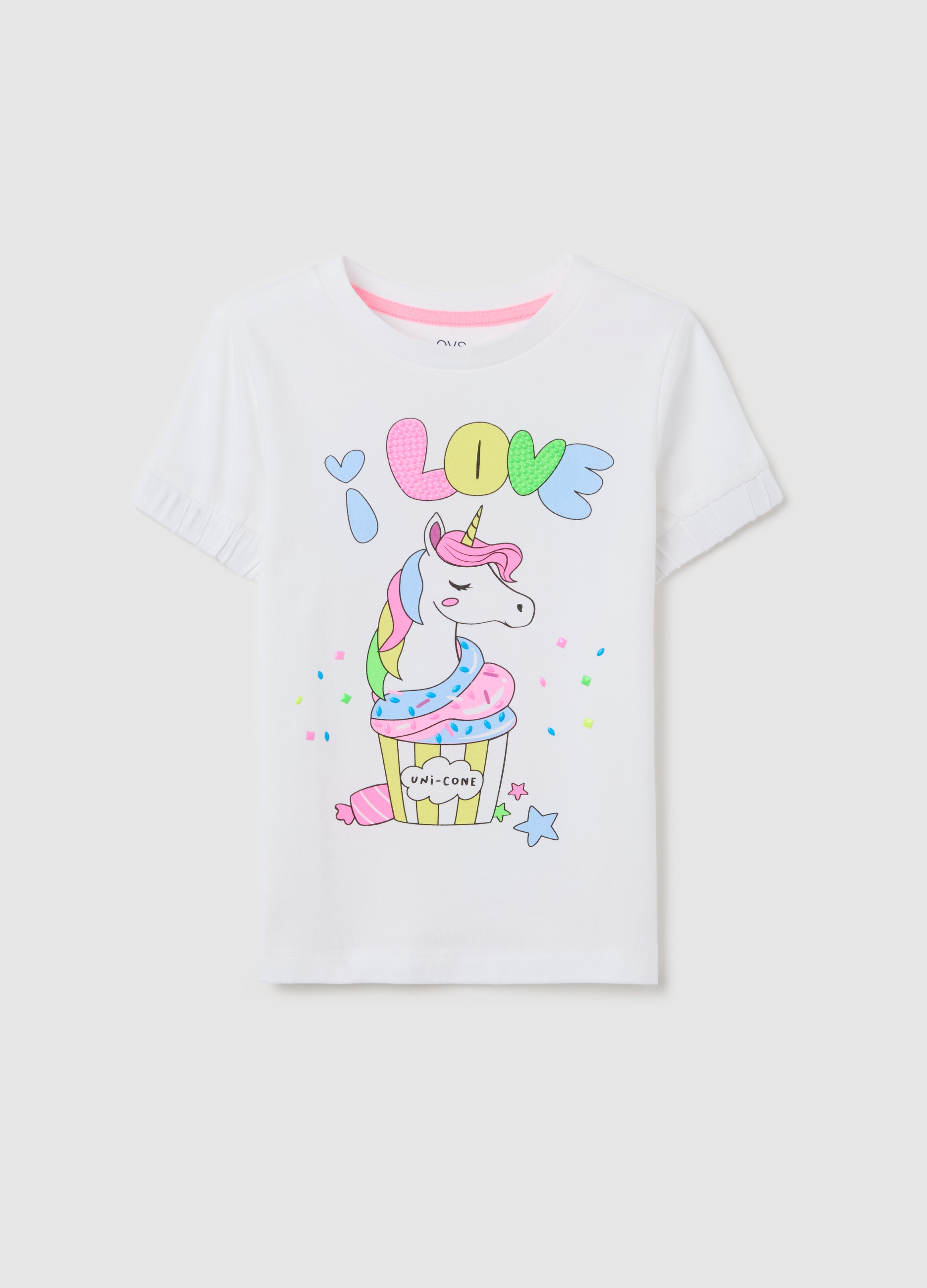 OVS, T-shirt Bianca In Cotone Stretch Stampa Unicorno, Bambina, Bianco, Taglia: 4-5