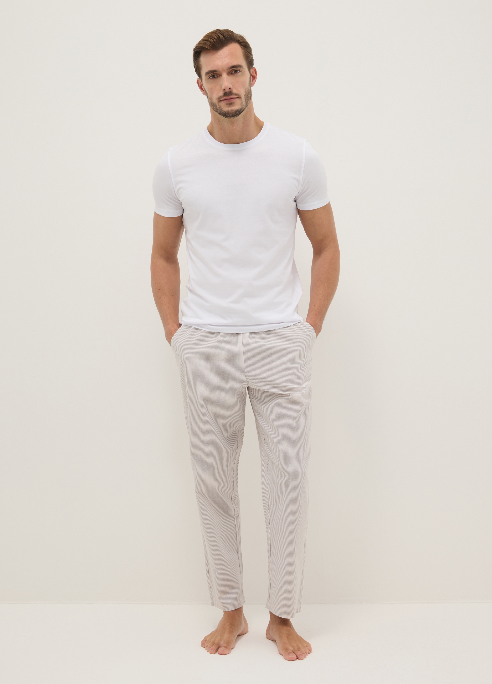 Pantalón De Pijama Largo De Puro Algodón A Rayas Multicolores Ajuste Regular, Hombre, Blanco/beige, Talla: 38