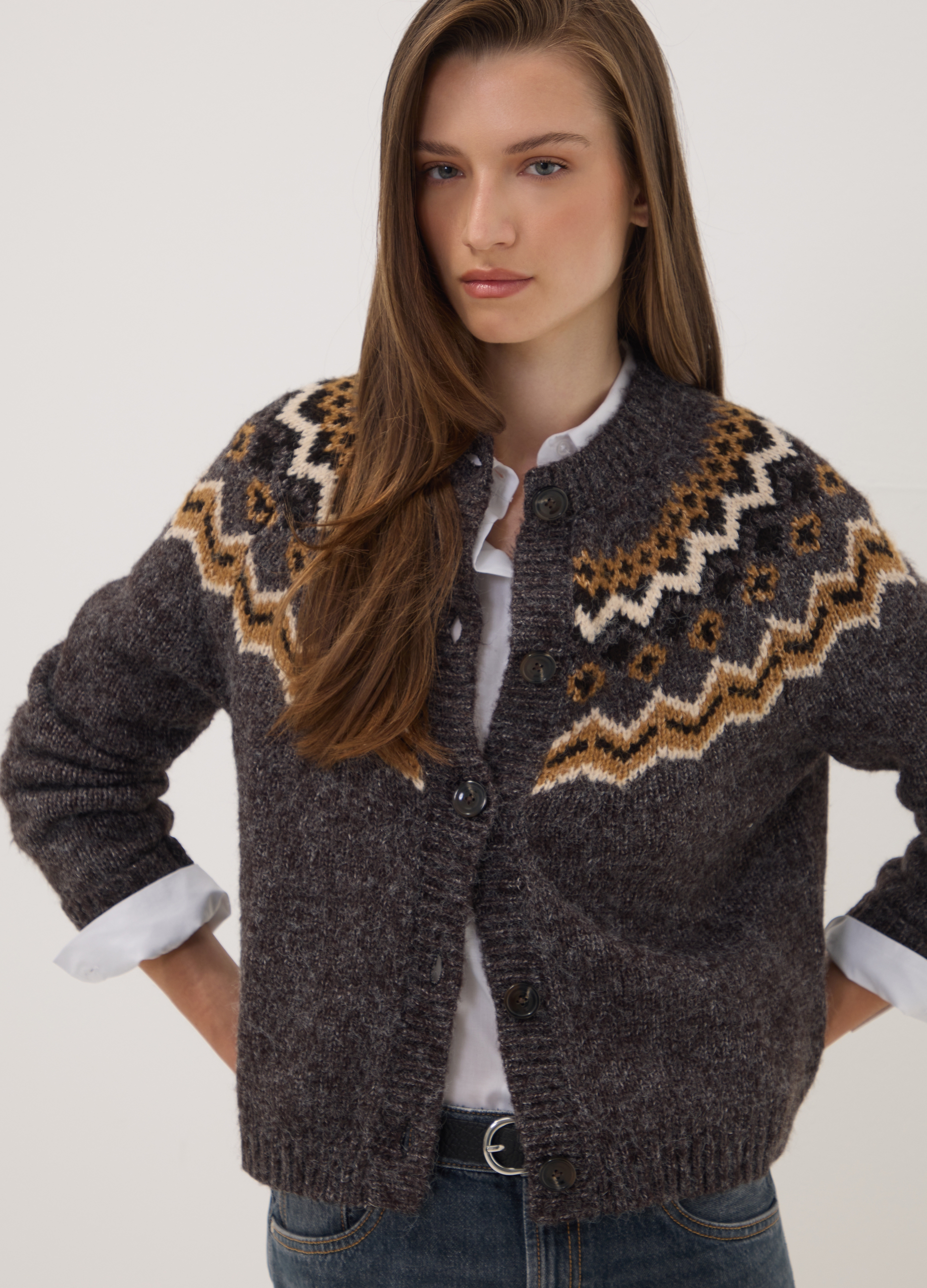 OVS, Cardigan Grigio Girocollo Con Fantasia Jacquard, Donna, Nero, Taglia: L