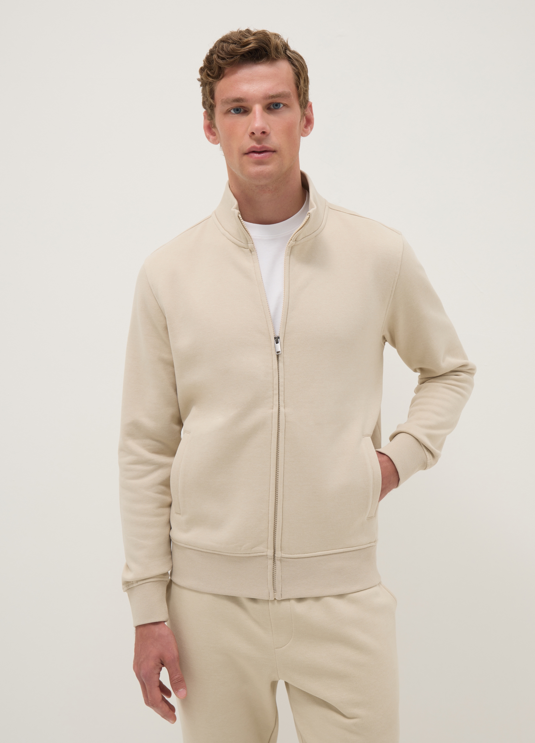 Sudadera Beige En Mezcla De Algodón Corte Regular Con Cremallera Completa, Hombre, Beige Claro, Talla: XL