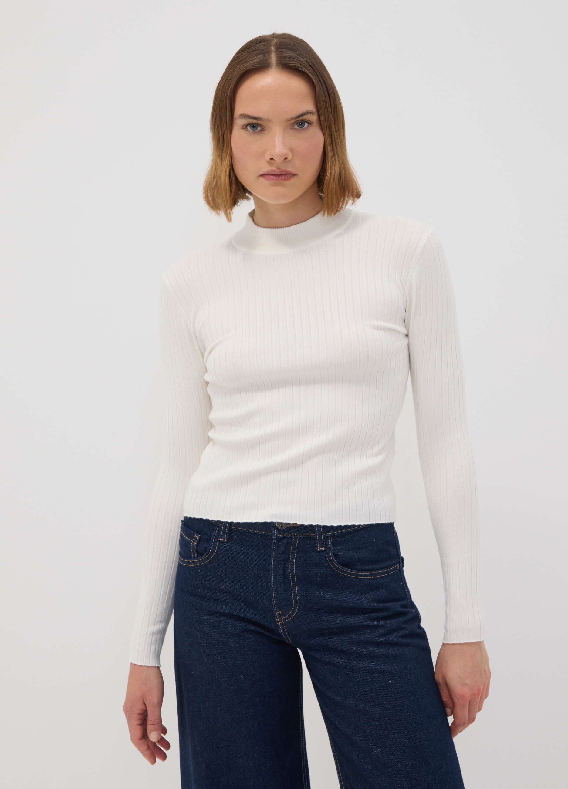 OVS, Maglia Bianca In Misto Viscosa A Coste Con Collo Rialzato Fitted, Donna, Bianco, Taglia: S