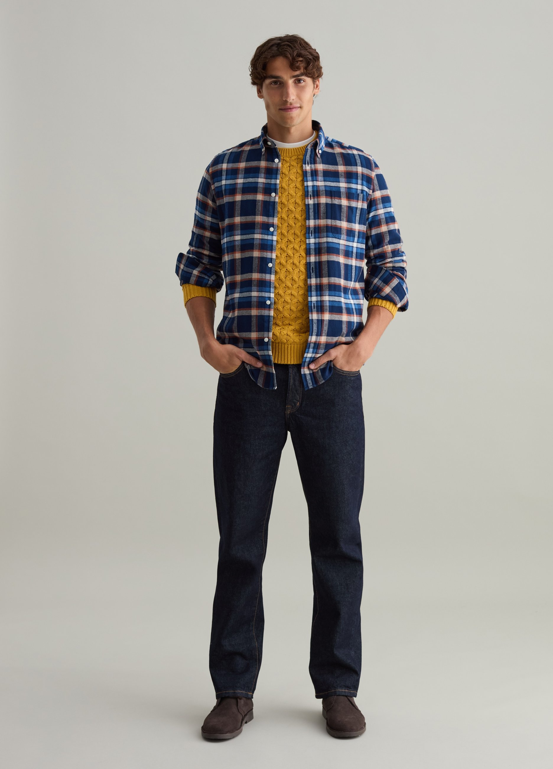 Camisa De Franela Estampado Cuadros, Hombre, Blanco/azul/marrón, Talla: L