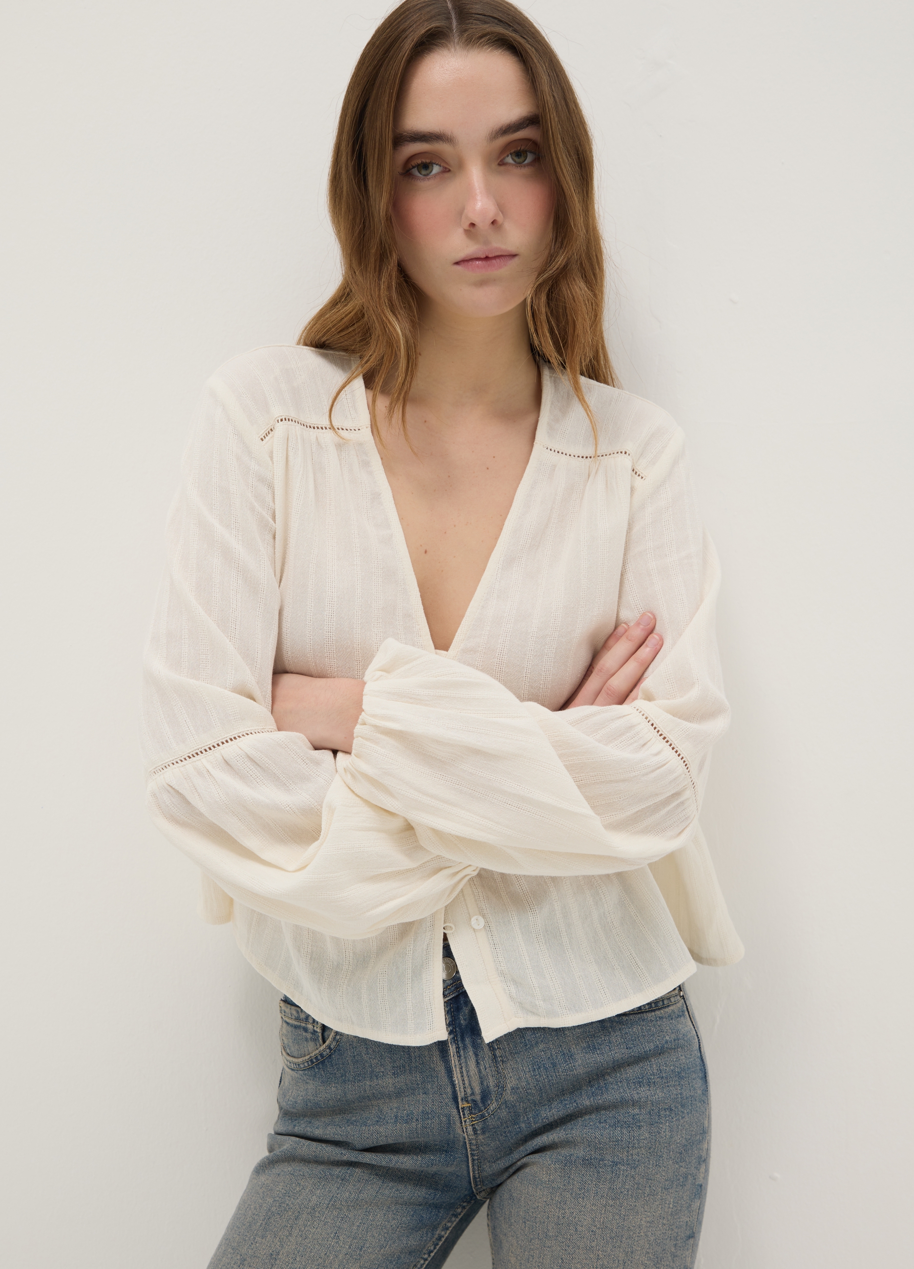 B.ANGEL, Blusa Blanca De Puro Algodón Con Ajuste Regular A Rayas, Mujer, Blanco suave, Talla: 42