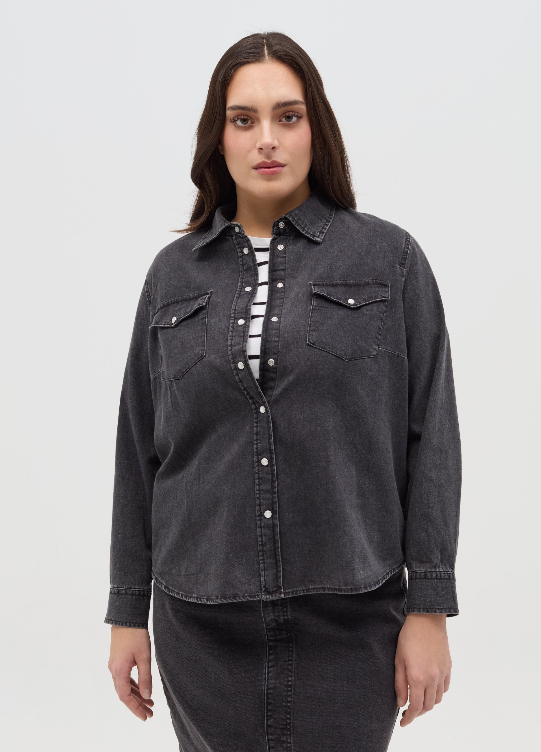 OVS, Camicia Western In Denim Con Bottoni Perlati Curvy, Donna, Nero, Taglia: S